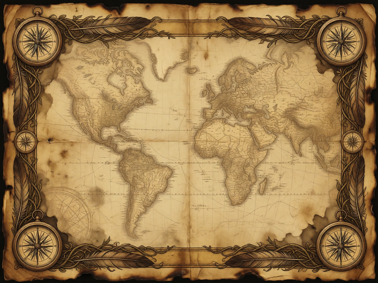 图中展示了一幅仿古风格的世界地图，整体色调呈现出温暖而陈旧的羊皮纸黄色与深褐色。地图被放置在一个华丽的边框内，边框由缠绕的藤蔓、羽毛笔装饰以及分布在四个角落和两侧中点的六个复古指南针组成。地图中心描绘了美洲、欧洲、非洲和亚洲的大致轮廓，线条细腻，带有手绘的素描感，背景布满了细密的经纬线和类似航海图的虚线。

作为一张 AI 生成的图片，画面存在明显的逻辑缺陷：首先，地理轮廓极不准确，例如澳洲完全缺失，东南亚群岛形状混乱，格陵兰岛与北美连接异常。其次，地图上的文字全是模糊且无意义的乱码线条，无法辨认任何地名。此外，边框上的六个指南针内部刻度各不相同且毫无规律，指针指向杂乱，不具备实际功能。边缘的焦灼效果也显得过于规律和对称，缺乏自然燃烧的随机感。