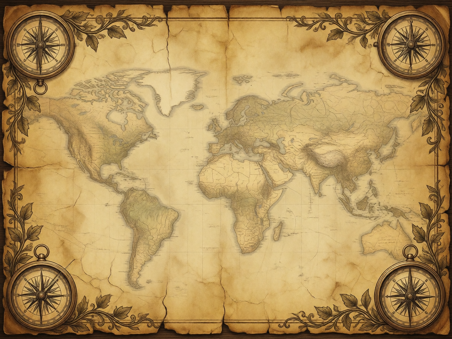 图中展示了一张仿古风格的世界地图，整体色调呈现出温暖且陈旧的羊皮纸黄色。地图的边缘带有不规则的破损与褶皱感，仿佛历经岁月洗礼。构图均衡，四个角落各装饰有一个精美的复古指南针罗盘，并伴有卷曲的藤蔓与叶片花纹。地图中心绘制着世界各大洲的轮廓，线条细腻，带有素描般的阴影效果。

然而，作为 AI 生成的图像，画面存在明显的地理与逻辑缺陷。首先，地图上的陆地轮廓并不准确，例如北美洲与格陵兰岛的形状扭曲，东南亚群岛模糊不清，且完全缺失了南极洲。其次，四个指南针的刻度盘上布满了杂乱无章、无法辨认的虚假字符，而非真实的方位字母。此外，地图表面的折痕与裂缝分布生硬，部分线条与地理边界重叠，显得不够自然。尽管视觉上极具装饰感，但它并非一张具有参考价值的真实地图。