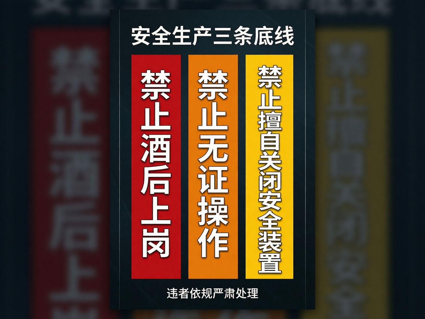 画面中展示了一张以安全生产为主题的宣传海报。海报背景为深灰色，带有细微的磨砂质感。画面中心并排排列着三个醒目的垂直长方形色块，从左至右依次为红色、橙色和黄色。每个色块内都印有白边黑体的垂直文字，内容分别是“禁止酒后上岗”、“禁止无证操作”和“禁止擅自关闭安全装置”。海报顶部写有白色标题“安全生产三条底线”，底部则有一行较小的文字提醒“违者依规严肃处理”。

这张图片存在明显的 AI 生成缺陷，主要体现在文字的细节处理上。虽然大字清晰可辨，但仔细观察可以发现，部分汉字的笔画边缘不自然，存在细微的扭曲和断裂。特别是背景左右两侧的模糊重影部分，文字完全变成了无法辨认的乱码和破碎线条，这是典型的 AI 模拟景深效果时产生的逻辑错误。此外，色块的边缘与背景衔接处略显生硬，缺乏真实印刷品的自然过渡感。