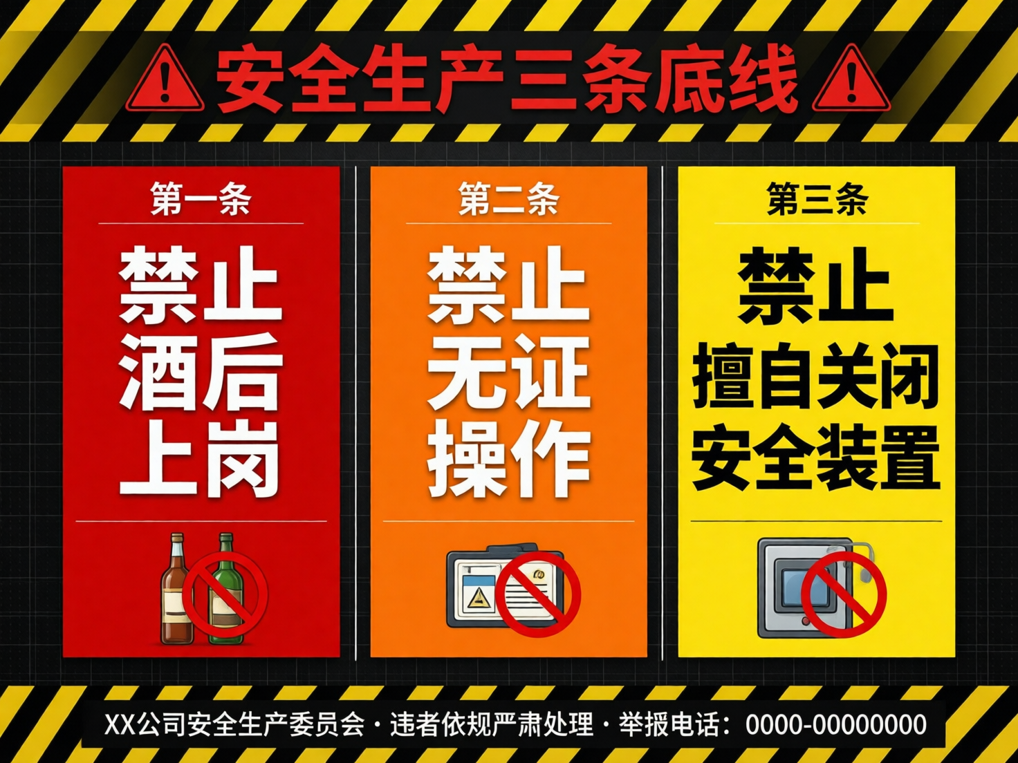 画面中是一张关于“安全生产三条底线”的宣传海报，整体采用黑、黄、红为主色调，具有强烈的警示感。海报顶部和底部边缘装饰有黄黑相间的斜纹警戒带。背景为黑色细网格纹理，上方中央用醒目的红色大字写着“安全生产三条底线”，两侧各有一个红色的三角形感叹号图标。画面主体由红、橙、黄三个垂直矩形色块组成，分别对应三条规定：第一条红色区域写着“禁止酒后上岗”，下方配有酒瓶被红色禁止符号覆盖的图标；第二条橙色区域写着“禁止无证操作”，配有证件被禁止的图标；第三条黄色区域写着“禁止擅自关闭安全装置”，配有仪器开关被禁止的图标。底部注有公司委员会名称及举报电话。

作为 AI 生成的图片，画面存在明显的文字处理缺陷：部分汉字的笔画结构不规范，例如“酒”字内部结构模糊，“岗”字下半部分变形，“擅”字左侧提手旁与右侧连接处生硬，且“装”字底部略显扭曲。此外，底部的举报电话为一串重复的零，属于典型的 AI 占位符特征。