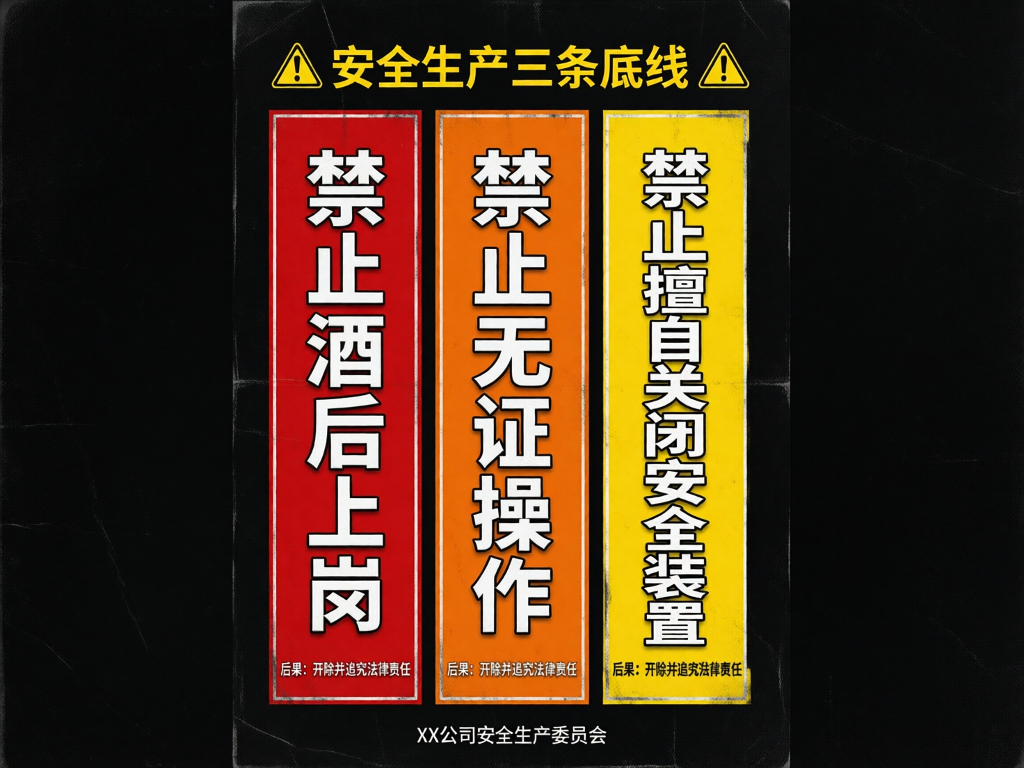 图中展示了一张以黑色为背景的安全生产宣传海报。海报顶部有黄色文字“安全生产三条底线”，两侧各有一个带感叹号的黄色三角警告标志。画面主体由红、橙、黄三个垂直的长方形色块组成，每个色块内都有白边黑体的垂直文字，从左至右依次为“禁止酒后上岗”、“禁止无证操作”和“禁止擅自关闭安全装置”。每个色块底部都有一行小字，注明违规后果为“开除并追究法律责任”。海报最下方署名为“XX公司安全生产委员会”。

作为一张 AI 生成的图片，画面存在明显的文字处理缺陷：中间橙色色块中的“禁”字笔画结构异常，上半部分出现了重叠和扭曲；右侧黄色色块中的“禁”字同样存在笔画模糊和结构不完整的问题。此外，海报边缘呈现出一种刻意模拟的陈旧折痕效果，但折痕的分布与背景的黑色纹理在透视衔接上略显生硬。