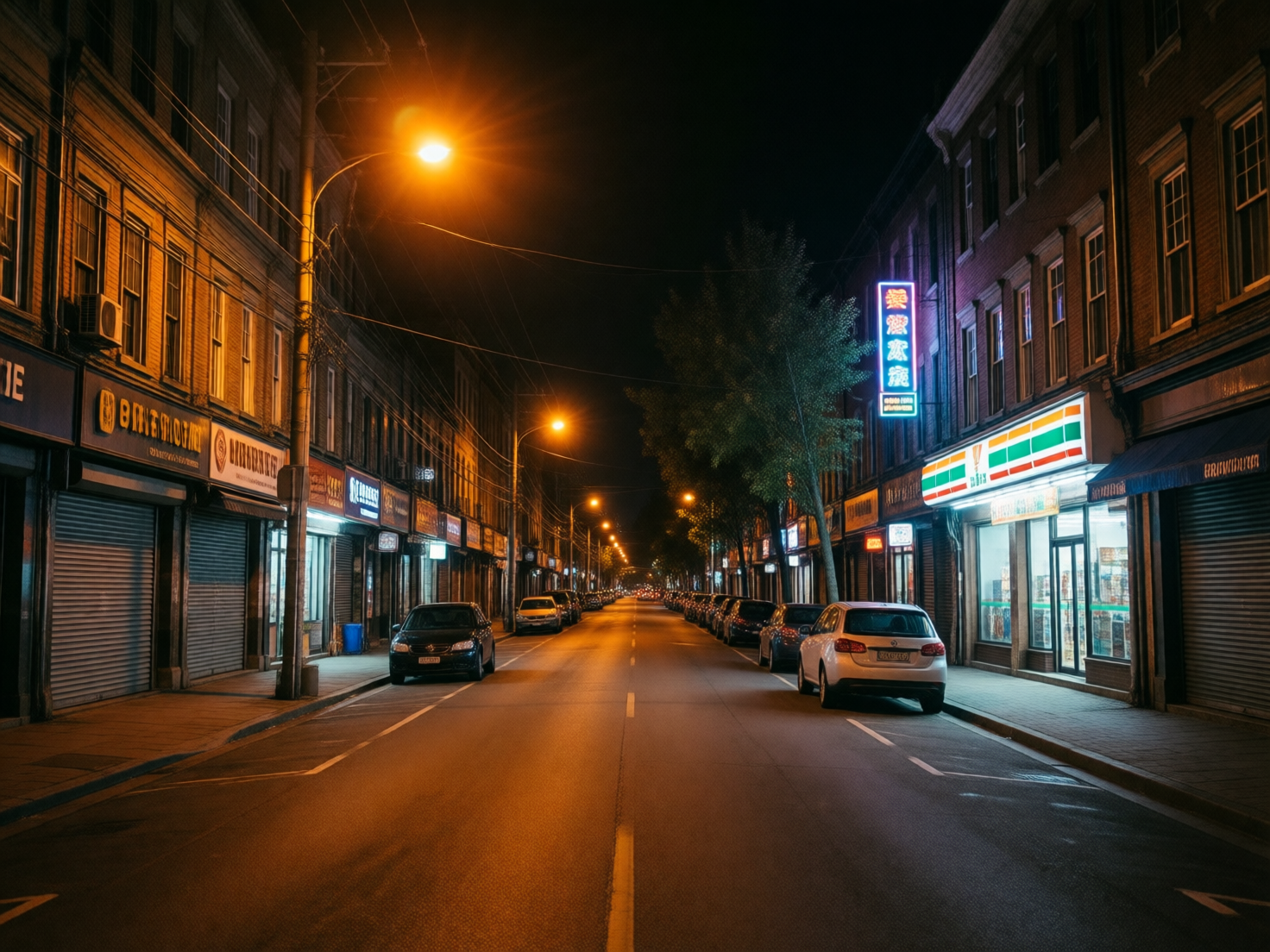 图中展示了一个宁静的城市街道夜景，视角位于马路中央向远方延伸。街道两旁是多层砖石结构的建筑，底层多为店铺，部分卷帘门紧闭，部分亮着灯。画面左侧有一盏明亮的暖黄色路灯，散发出强烈的放射状光芒，将路面映照成金橙色。右侧最显眼的是一家便利店，招牌带有红、绿、橙三色条纹，店内透出白色的冷光。路边整齐地停放着几辆轿车，远处背景中还有更多微弱的灯火。

在 AI 生成的细节方面，存在一些明显的逻辑缺陷：首先，街道两旁店铺的招牌文字均为无法辨认的乱码或扭曲的符号，包括那个酷似 7-Eleven 的招牌。其次，左侧电线杆上的电线排布杂乱且不符合物理逻辑，有些线条凭空消失或断裂。此外，右侧建筑上方的蓝色霓虹灯牌文字也是模糊且无意义的。画面远处的车辆和路灯逐渐简化为模糊的光点，透视感略显生硬。