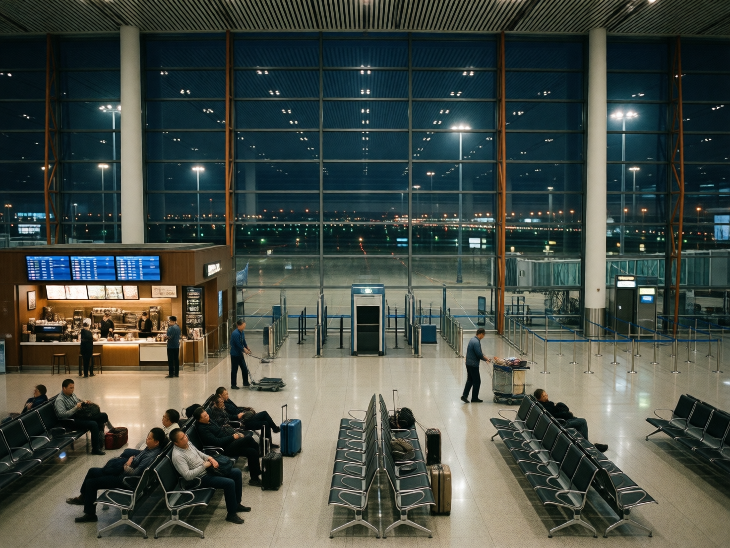 图中展示了一个宁静的机场候机大厅夜景。画面中心是一面巨大的落地玻璃窗，透出室外停机坪的点点灯火和深蓝色的夜空。室内灯光柔和，左侧有一个亮着蓝色电子屏幕的咖啡服务台，几名工作人员正在忙碌。大厅内整齐排列着几组黑色金属候机椅，一些旅客正坐着休息或低头看手机，身旁放着行李箱。画面色调以深蓝、灰色和暖黄色为主，营造出一种旅途中的静谧感。

然而，画面中存在多处明显的 AI 生成缺陷：首先，左侧推着行李车的男子，其手部与推车的连接处结构模糊且不自然；右侧推行李车的男子，其推车上的物品呈现出杂乱且无法辨认的像素块。此外，候机椅的金属支架在透视上存在逻辑错误，部分椅脚似乎悬空或与地面衔接生硬。背景玻璃窗外的灯光倒影与室内光源的位置并不完全匹配，且远处的登机桥结构显得有些扭曲变形。