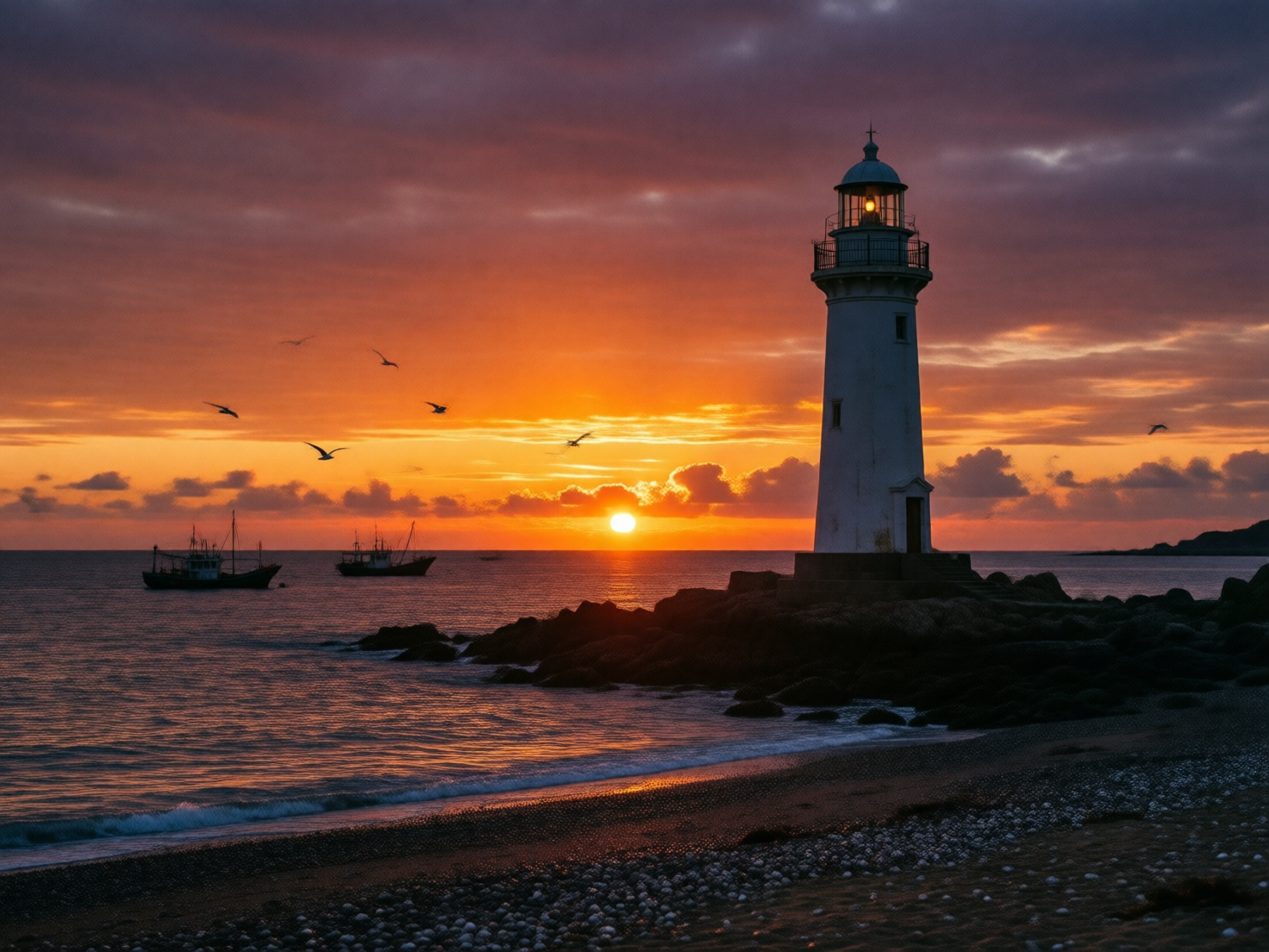 画面中呈现了一幅壮丽的海边日落景象。构图右侧矗立着一座白色的圆形灯塔，塔顶亮着微弱的暖黄色灯光，它坐落在延伸向海面的黑色礁石堆上。背景是绚烂的夕阳，太阳正悬在海平线上方，将天空染成浓郁的橙红色与深紫色，海面上倒映着粼粼的波光。左侧海域停泊着两艘渔船，天空中散落着几只飞翔的海鸟。近景是一片布满细小白色石子的沙滩，海浪正轻轻拍打岸边。

作为一张 AI 生成的图片，画面存在几处明显的逻辑缺陷：首先，天空中海鸟的形态非常模糊且不自然，部分鸟类的翅膀结构缺失或呈现不规则的黑色线条；其次，左侧两艘渔船的桅杆与绳索线条杂乱，缺乏真实的物理连接感；最后，灯塔顶部的避雷针或装饰物略显歪斜，且沙滩上的白色石子分布过于均匀且质感生硬，缺乏自然堆积的随机性。