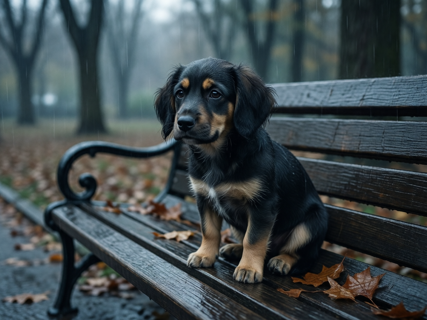 图中展现了一个略显忧伤的秋日雨景。画面中心是一只幼小的深色小狗，它正孤零零地坐在一张深褐色的木制公园长椅上。这只小狗有着黑色的背毛和棕黄色的面部及四肢，毛发看起来因雨水而微微湿润，眼神中透着一丝迷茫。背景是模糊的公园树林，地面铺满了枯黄的落叶，细密的雨丝在冷调的空气中清晰可见。构图采用了侧向视角，长椅的线条向左后方延伸，营造出一种清冷、寂寥的氛围。在 AI 生成的细节方面，存在一些明显的逻辑缺陷：小狗右侧（画面右下角）的爪子形状模糊，与身体的连接显得不够自然；长椅靠背的木条纹理在右侧边缘处出现了不规则的扭曲和断裂；此外，背景中的雨丝分布过于均匀且垂直，缺乏真实降雨时的动态感和透视变化。