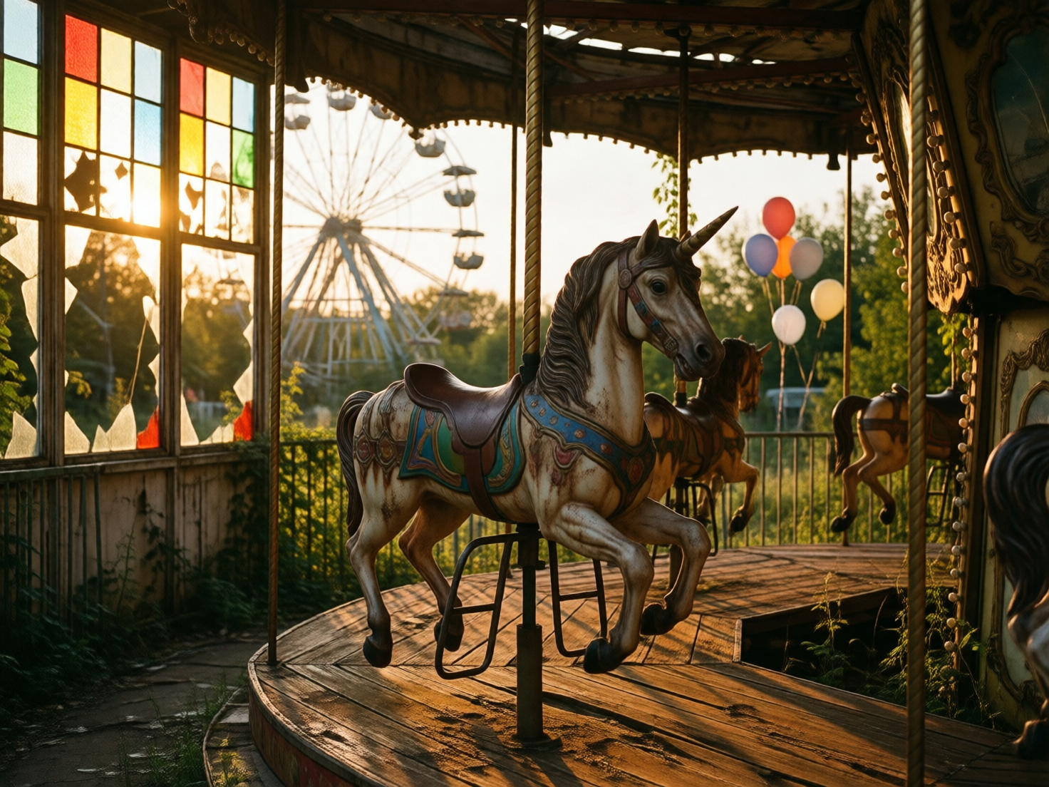 图中展现了一个充满怀旧与荒废感的游乐园场景。画面中心是一座木质地板的旋转木马，一只白色的独角兽木马占据主体，它有着棕色的鬃毛和精致的彩色马鞍，皮肤带有斑驳的做旧质感。背景中，阳光穿过左侧破碎的彩色玻璃窗，洒下温暖的金辉，远处可见一座巨大的摩天轮轮廓和几只漂浮的彩色气球。整体色调以复古的棕褐色、金色和绿色为主，营造出一种静谧而略显忧伤的氛围。在 AI 生成的细节方面，存在明显的逻辑缺陷：独角兽下方的金属支撑架结构混乱，并未垂直连接到地板中心，而是呈现出扭曲且悬空的姿态；背景中的摩天轮支架线条交错模糊，缺乏合理的力学结构；此外，右侧背景中另一匹木马的腿部与支撑杆的连接方式也显得生硬且不合常理。