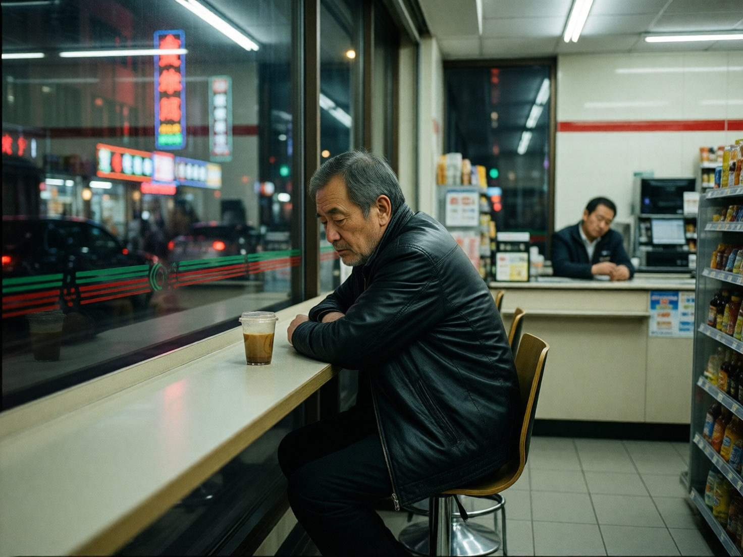图中展现了一个深夜便利店的室内场景，透着一种孤独而沉静的氛围。画面主体是一位头发花白的中年男子，他身穿黑色皮夹克，侧坐着靠在窗边的长条吧台上，低头沉思，面前放着一杯咖啡。大面积的落地窗映出室外街道模糊的霓虹灯光，红绿相间的店面装饰线条横贯玻璃。背景中，一名店员正趴在收银台前休息，右侧是整齐排列的货架。画面色调偏冷，光影对比强烈。

在 AI 生成的细节方面，存在一些明显的逻辑与结构缺陷：首先，男子的手部结构模糊，双臂交叠处线条混乱，手指细节缺失；其次，窗外霓虹灯牌上的文字呈现为无法辨认的乱码符号，不符合真实语言逻辑；此外，背景店员的身体比例略显僵硬，且吧台下方的椅子腿部结构与地面衔接处显得不够自然，透视关系略有扭曲。