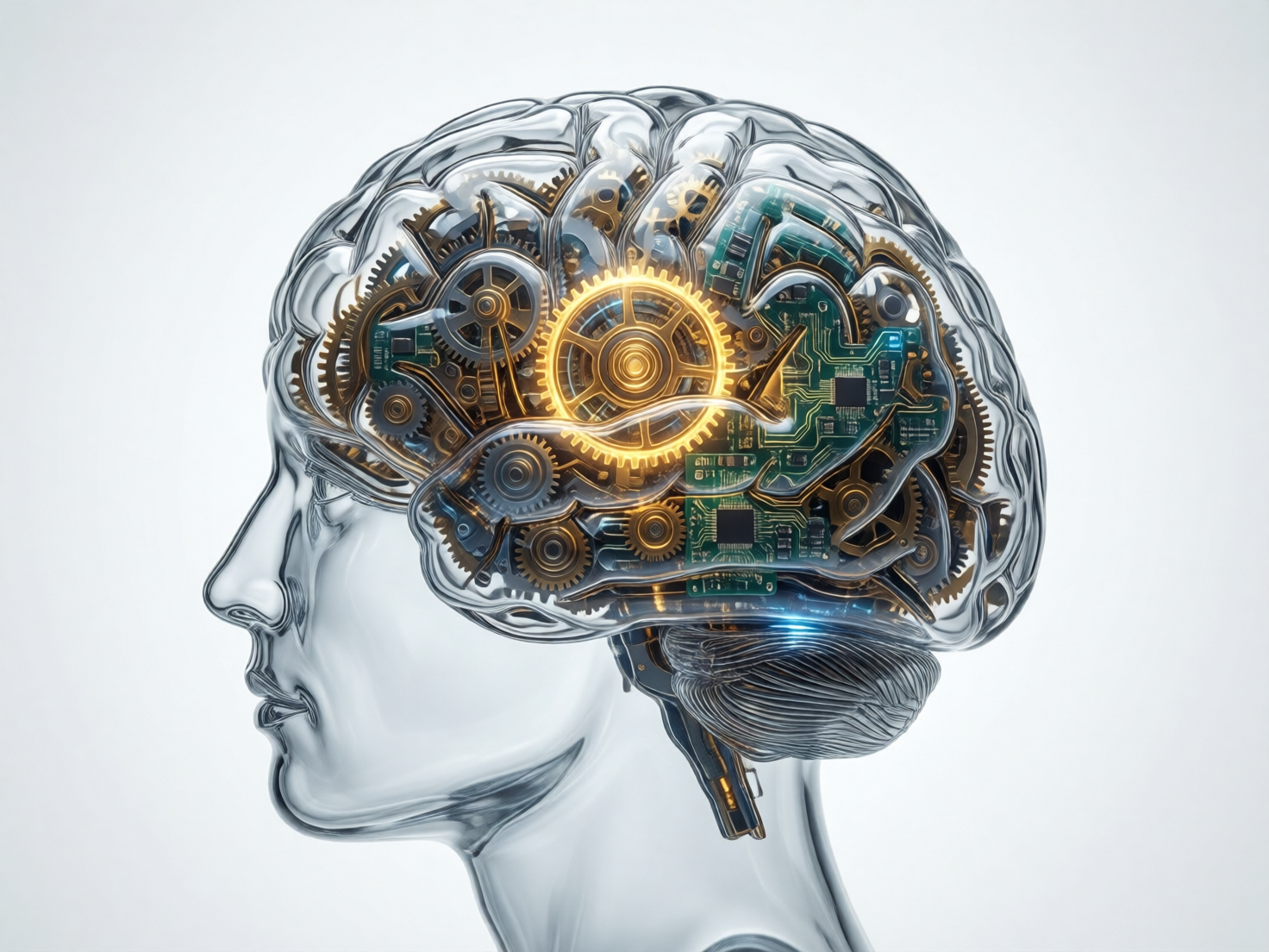画面中展示了一个透明玻璃质感的人类头部侧影，背景为纯净的浅灰色。透明的头颅内部清晰可见一个复杂的大脑结构，大脑并非生物组织，而是由密集的金色齿轮、机械零件和绿色的电子电路板组成，象征着人工智能或机械智慧。大脑中心有一个散发着明亮黄光的巨大齿轮，仿佛是能量的核心。整体色调以冷峻的银色和温暖的金色为主，光影效果细腻，呈现出一种未来科技感。在 AI 生成的细节方面，可以观察到一些逻辑上的异常：大脑后下方的纹理虽然细密，但与上方的机械结构衔接显得生硬且缺乏实际物理支撑；部分细小的齿轮边缘存在模糊重叠，电路板上的走线在透视上略显混乱，不符合真实的工程逻辑。此外，透明外壳的折射效果在边缘处处理得不够自然，呈现出一种超现实的堆砌感。
