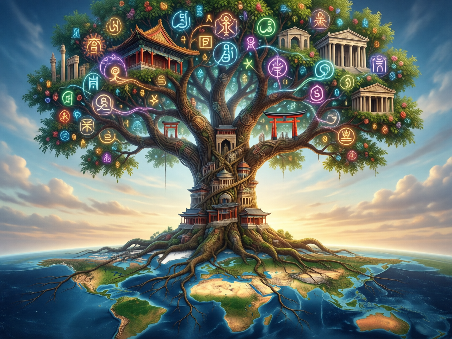 图中展现了一棵宏伟的“文明之树”，它扎根于地球球面上。树根如触须般延伸，覆盖了世界地图的各大洲。树干粗壮且纹理复杂，其间嵌入了微缩的各国传统建筑，如中式宫殿、希腊神庙和红色鸟居。茂密的树冠上挂满了五颜六色的发光符号，这些符号融合了古文字、宗教标志和神秘图腾，散发出霓虹般的色彩。背景是柔和的夕阳云海，整体色调温暖且富有奇幻感。

作为 AI 生成的图像，画面存在明显的逻辑与细节缺陷：地球的地理轮廓极不准确，各大洲形状扭曲且比例失调；树上的建筑透视混乱，部分房屋与树干的融合显得生硬且不符合物理结构；发光符号大多是无意义的乱码，并非真实的文字；此外，树根与地面的交界处缺乏自然的阴影过渡，显得有些漂浮。