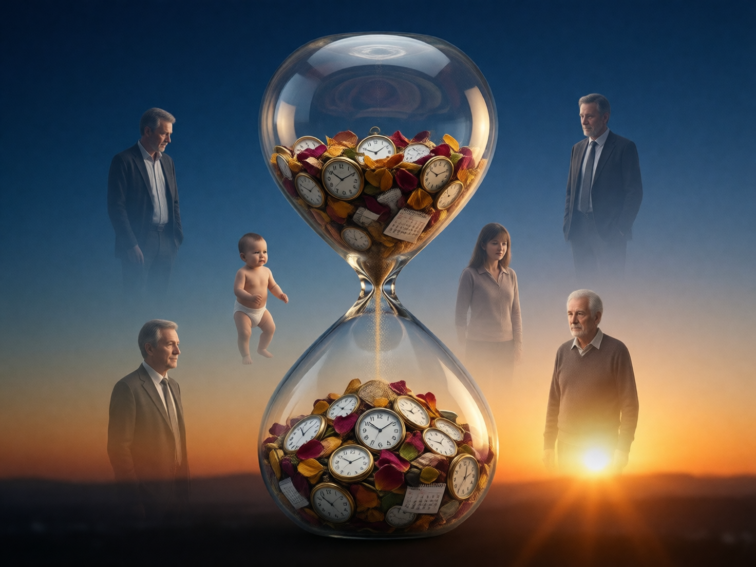 画面中呈现了一个充满超现实主义色彩的场景，核心是一个巨大的透明沙漏，背景是深蓝色天空与橙色日落交织的远山。沙漏内部装载的不是细沙，而是大量金色的怀表和红黄相间的花瓣。怀表正穿过狭窄的瓶颈向下坠落，象征着时间的流逝。沙漏周围漂浮着六个不同年龄阶段的人物虚影，包括一名婴儿、一名年轻女性、三名不同神态的中年男性和一名老年男性，寓意人生的不同阶段。

在 AI 生成细节方面，存在明显的逻辑和结构缺陷：沙漏中的怀表刻度混乱，部分表盘上的数字排列不正确或模糊不清；漂浮的人物与背景融合生硬，边缘带有不自然的雾状遮盖；左侧婴儿的左手手指缺失且形状扭曲，右侧老年男性的身体下半部分直接消失在日落的光芒中。此外，沙漏瓶颈处的怀表下落姿态违背物理常识，呈现出一种堆叠的僵硬感。