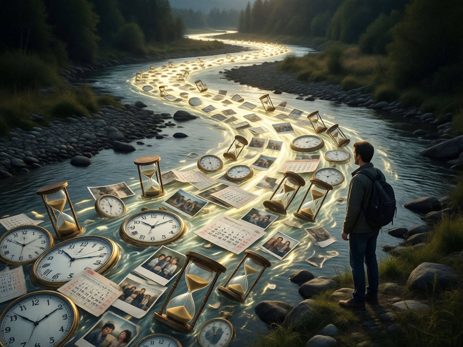 图中展现了一个充满超现实主义色彩的场景，意在表达“时间之河”的概念。画面右侧，一名背着黑色双肩包、穿着深色夹克和牛仔裤的年轻男子正站在布满鹅卵石的河岸边，凝视着前方。河流从远处的森林深处蜿蜒而来，河水中漂浮着大量象征时间的物件，包括各式各样的木质沙漏、圆形的怀表、老旧的照片以及日历页。这些物件顺着发光的金色水流缓缓流淌，营造出一种梦幻且忧郁的氛围。色调以深绿色的森林背景和明亮的金色河光形成对比。

在 AI 生成细节方面，画面存在明显的逻辑与视觉缺陷：首先，漂浮在水面上的时钟表盘数字杂乱无章，部分数字重叠或缺失，指针指向模糊；日历上的文字和日期均为无法辨认的乱码符号；沙漏的透视角度与水流方向不完全一致，显得有些生硬。此外，部分照片中的人物面部模糊不清，呈现出扭曲的色块。男子脚下的石头纹理略显模糊，与水面精细的光影效果相比显得不够自然。