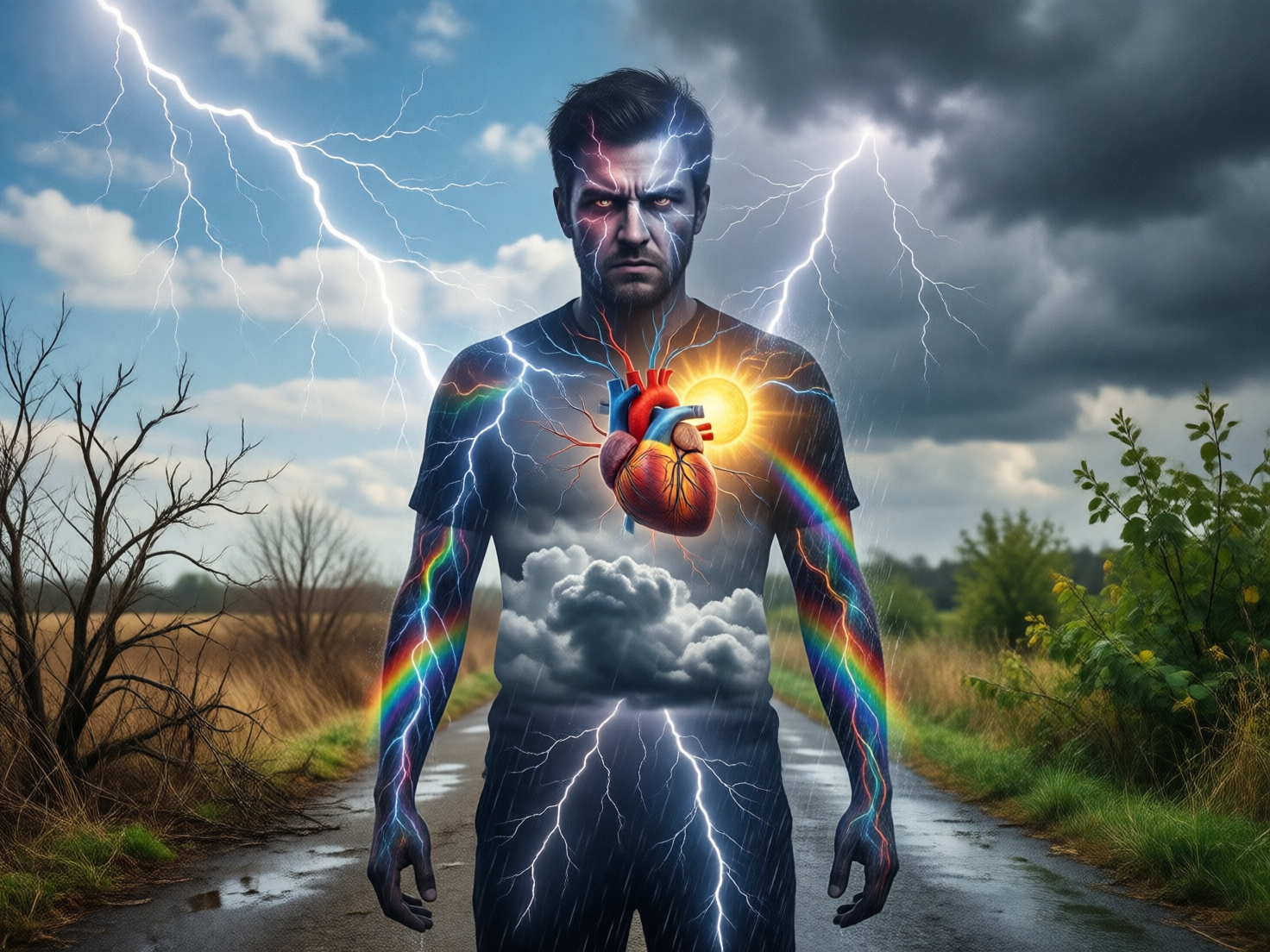 图中展现了一位神情严肃的男子站立在乡间小路中央，画面融合了超现实主义风格。男子的身体呈现半透明状，内部容纳着自然景观：胸腔处悬浮着一颗写实的人类心脏，心脏旁有一轮发光的太阳，腹部则是翻滚的灰云。他的双臂环绕着绚丽的彩虹光晕，全身布满了如血管般延伸的蓝色闪电。背景天空一分为二，左侧是晴朗的蓝天白云与枯树，右侧是阴沉的雷雨云与绿植，形成鲜明对比。在 AI 生成细节方面，存在明显的逻辑缺陷：男子的右手手指比例失调且扭曲，左手手指数量模糊；心脏上的血管连接显得杂乱且不符合解剖学逻辑；背景中的闪电线条生硬地穿过人物头部，缺乏自然的透视融合感。整体色调明暗交替，视觉冲击力强。