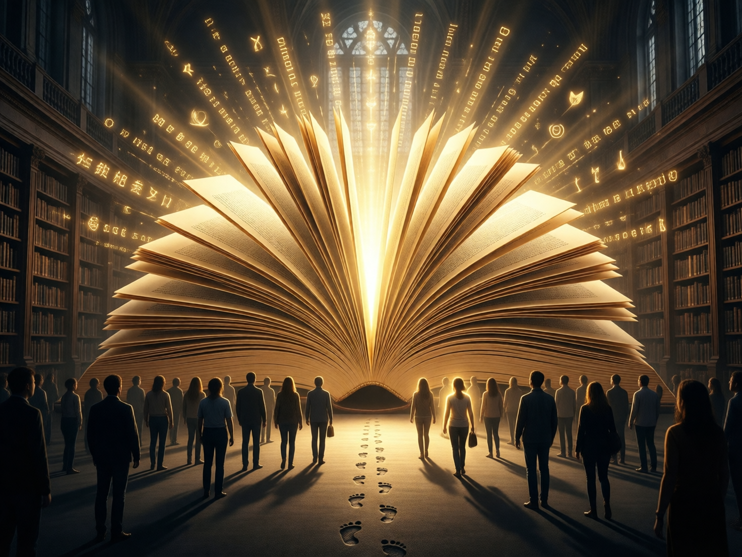 图中展现了一个充满奇幻色彩的宏大图书馆场景。画面中央是一本巨大无比、呈放射状完全展开的书籍，书页中迸发出耀眼的金色强光，无数发光的神秘符号和字符从书中飞升，如烟花般照亮了昏暗的背景。背景是高耸入云的木质书架，整齐排列着成千上万本书。前景中，一群穿着现代服饰的人们正背对着观众，面向这本巨书伫立或行走，地面上留有一串通往光源的脚印。整体色调以深棕与明亮的金黄色为主，构图宏伟且具有对称感。

在 AI 生成细节方面，存在一些明显的逻辑缺陷：首先，地面上的脚印形状不一且分布杂乱，部分脚印看起来像是赤脚，与人物穿着鞋子的形象不符；其次，人群中部分人物的肢体比例略显僵硬，且影子投射的方向与光源位置不完全一致；最后，背景书架上的书籍纹理较为模糊，飞出的金色符号并非真实文字，而是随机生成的抽象图形。