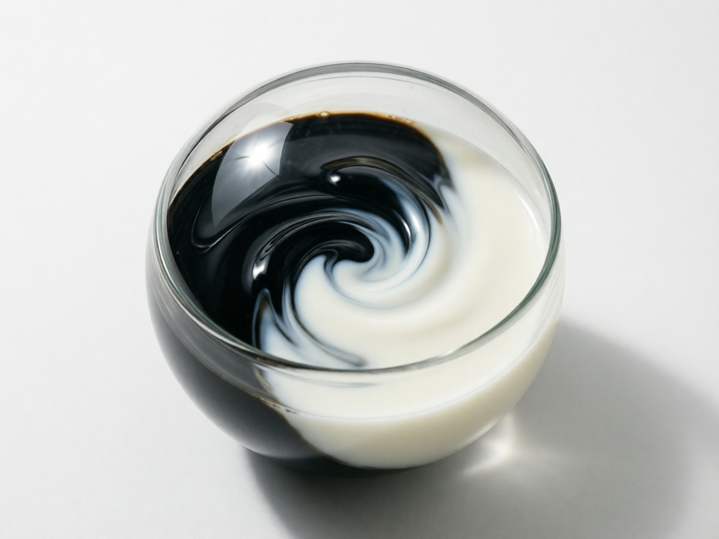 图中展示了一个透明的圆形玻璃碗，碗内盛放着黑白两种颜色的粘稠液体，呈现出一种极具艺术感的旋转交融状态。画面采用俯视视角，背景是纯净的浅灰色平面，光线从左上方照射，在碗的表面留下了明亮的高光，并在右下方投射出柔和的阴影。碗中的黑色液体像浓稠的墨水或巧克力酱，白色液体则像牛奶或奶油，两者在中心汇聚成一个完美的螺旋涡流，酷似太极阴阳鱼的图案，色彩对比强烈且质感丝滑。

在 AI 生成的细节方面，存在一些物理逻辑上的瑕疵：碗左侧边缘的厚度显得不够均匀，且液体与玻璃内壁接触的边缘过于锋利，缺乏自然的表面张力表现。此外，碗底部的阴影与玻璃折射出的光影关系略显生硬，碗的整体轮廓在某些角度看起来不够圆润，呈现出轻微的透视扭曲感。