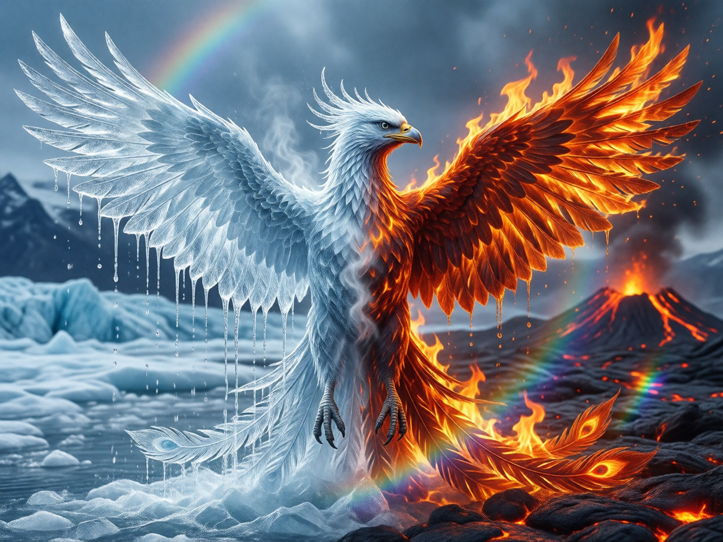 画面中展现了一只巨大的神话凤凰，它正展翅翱翔在冰火交融的奇异景观之上。这只凤凰呈现出完美的左右对称结构：左半身由晶莹剔透的冰霜和白色羽毛组成，翅膀边缘垂下冰冷的冰滴；右半身则由炽热的火焰和橙红色羽毛组成，羽翼间火光四射。背景同样被一分为二，左侧是寒冷的冰川与雪山，右侧是喷发的火山与流淌的岩浆，天空中悬挂着一道横跨两界的彩虹。

在 AI 生成细节方面，画面存在一些明显的逻辑缺陷。凤凰的爪子悬浮在空中，与身体的连接处显得生硬且结构模糊，缺乏真实的解剖感。左侧翅膀下方的冰滴形状过于规整且密集，看起来更像是粘稠的液体而非自然融化的水。此外，彩虹的透视关系异常，它不仅出现在背景的天空中，还突兀地穿过了凤凰的尾羽和右侧的岩浆地面，缺乏空间深度感。凤凰头部的羽冠在冷热交界处过渡得略显杂乱，部分线条出现了断裂。