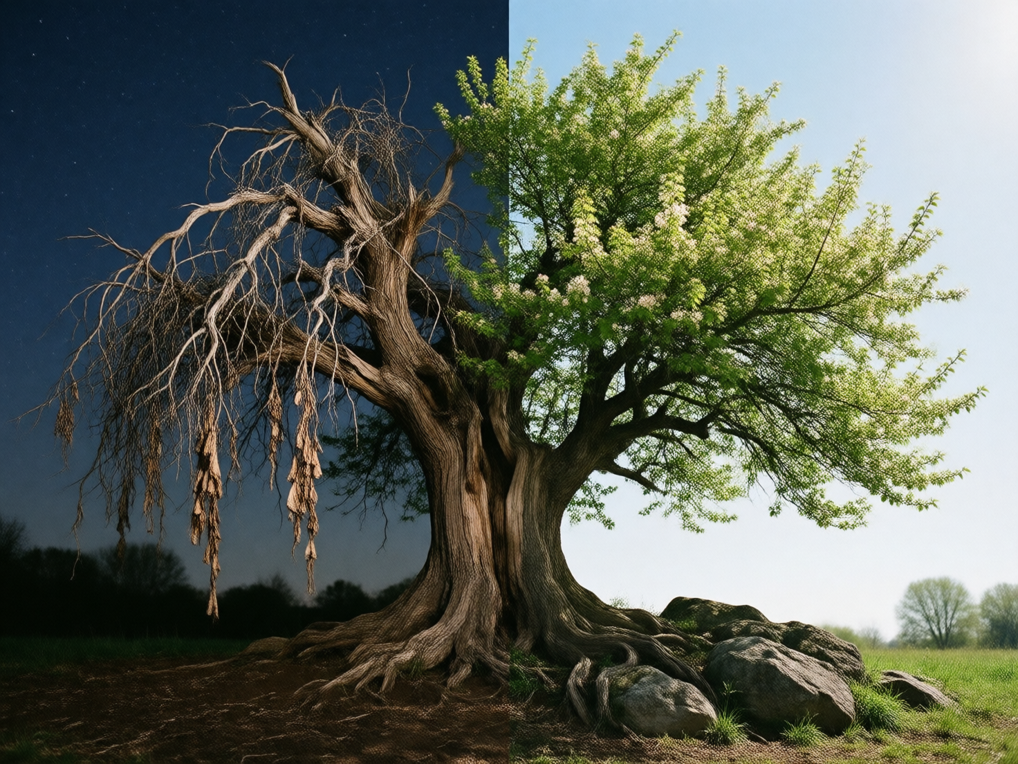 图中展示了一棵巨大的古树，画面以树干为中心线，被垂直平分为两种截然不同的季节与昼夜景观。左半部分是深夜下的枯木，深蓝色的星空下，灰褐色的树枝干枯扭曲，垂挂着几簇枯萎的叶片，地面是暗沉的焦土，透出一种荒凉死寂的氛围。右半部分则是明媚阳光下的盛夏，蔚蓝的天空映衬着繁茂翠绿的树冠，枝头点缀着细小的白花，树根旁堆放着几块岩石，周围是生机勃勃的绿草地。构图上采用了强烈的对称对比，展现了生命从凋零到繁茂的循环。在 AI 生成的细节方面，存在明显的逻辑缺陷：左侧枯枝上垂下的枯叶形状怪异，更像是某种融化的织物或蜂巢，而非自然干枯的叶片；树干中心的分界线过于笔直且生硬，树皮纹理在交界处未能自然过渡；此外，右下角的岩石边缘与草地的融合显得有些模糊，缺乏真实的光影遮蔽感。
