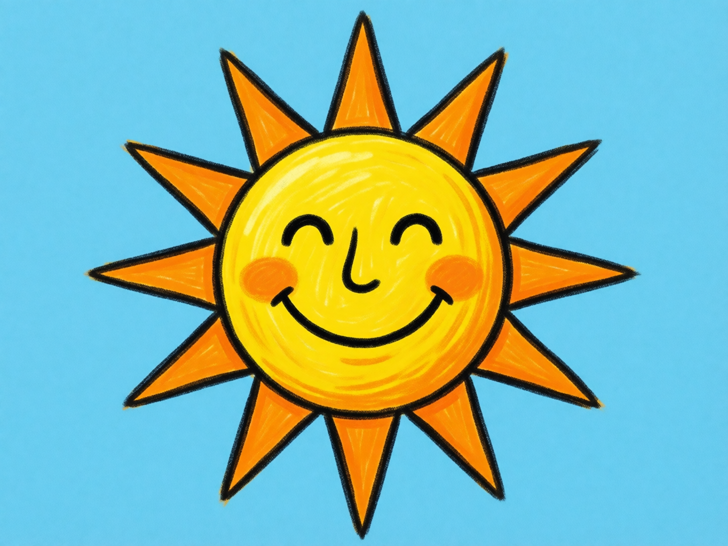 图中展示了一幅风格简约、色彩明快的儿童简笔画，背景是纯净的浅蓝色。画面的中心是一个拟人化的太阳，它拥有一个明黄色的圆形脸庞，上面绘有可爱的表情：两道弯弯的黑色弧线代表闭着的笑眼，中间是一个简单的钩状鼻子，下方是一抹宽阔且上扬的黑色微笑，脸颊两侧还点缀着两团淡淡的橙红色红晕，显得十分亲切友好。太阳的四周均匀分布着十二个橙色的三角形光芒，每个光芒都带有黑色的手绘轮廓线。整幅画具有明显的蜡笔或油画棒涂抹质感，笔触清晰可见。在 AI 生成的细节方面，虽然构图基本对称，但可以观察到四周的三角形光芒在形状和大小上略有不一，且部分黑色轮廓线的粗细衔接不够平滑，呈现出一种模拟手绘的随机感。