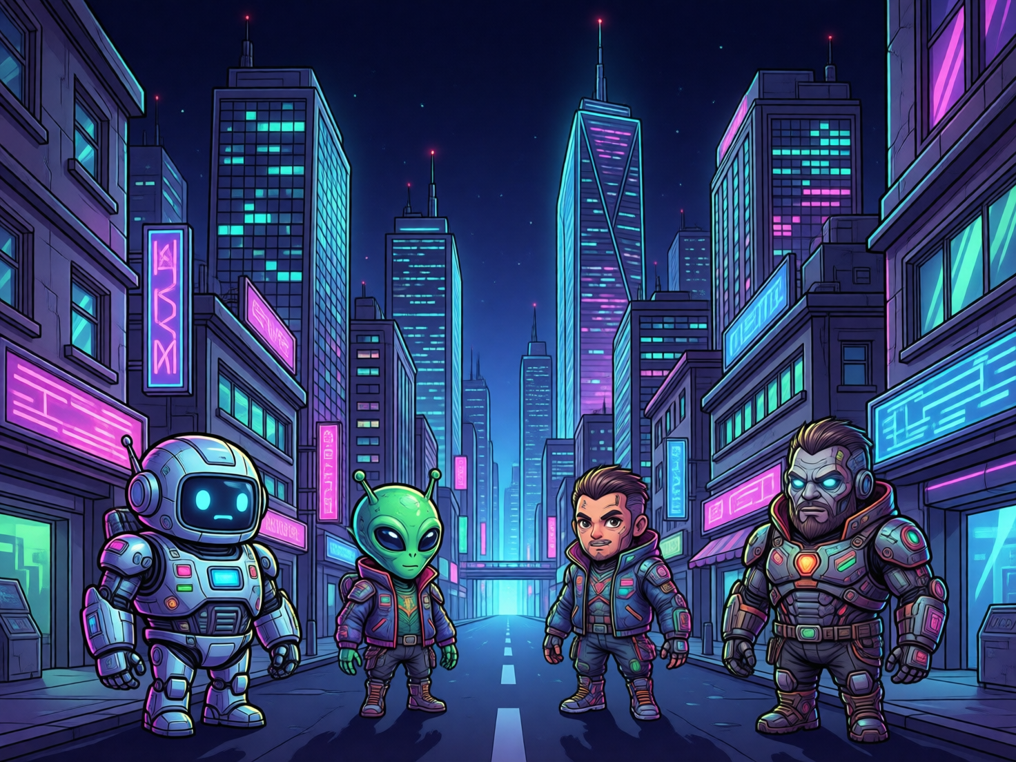 图中展现了一个充满赛博朋克风格的夜晚都市街道，整体色调以深蓝色、霓虹紫和青色为主。画面中央是四个并排站立的卡通化角色：左侧是一个圆润的白色小机器人，有着发蓝光的眼睛；其旁是一个绿皮肤的大头外星人，穿着深色夹克；中间是一位留着胡茬的人类男性，穿着带有发光元件的战斗服；右侧则是一个体型魁梧、面目狰狞的半机械改造人。背景是高耸入云的摩天大楼，装饰着密集的霓虹灯牌和发光窗户，街道尽头透出明亮的青色光芒。

作为 AI 生成的图像，画面存在一些明显的逻辑缺陷：最左侧机器人的手部结构模糊，手指数量不清晰；外星人的左手手指呈现出不自然的扭曲；右侧改造人的左手手指与身体装甲融合，且手指数量似乎多于常人。此外，背景建筑上的霓虹灯牌文字均为无意义的乱码符号，街道两侧的透视线条在远方衔接处略显生硬。