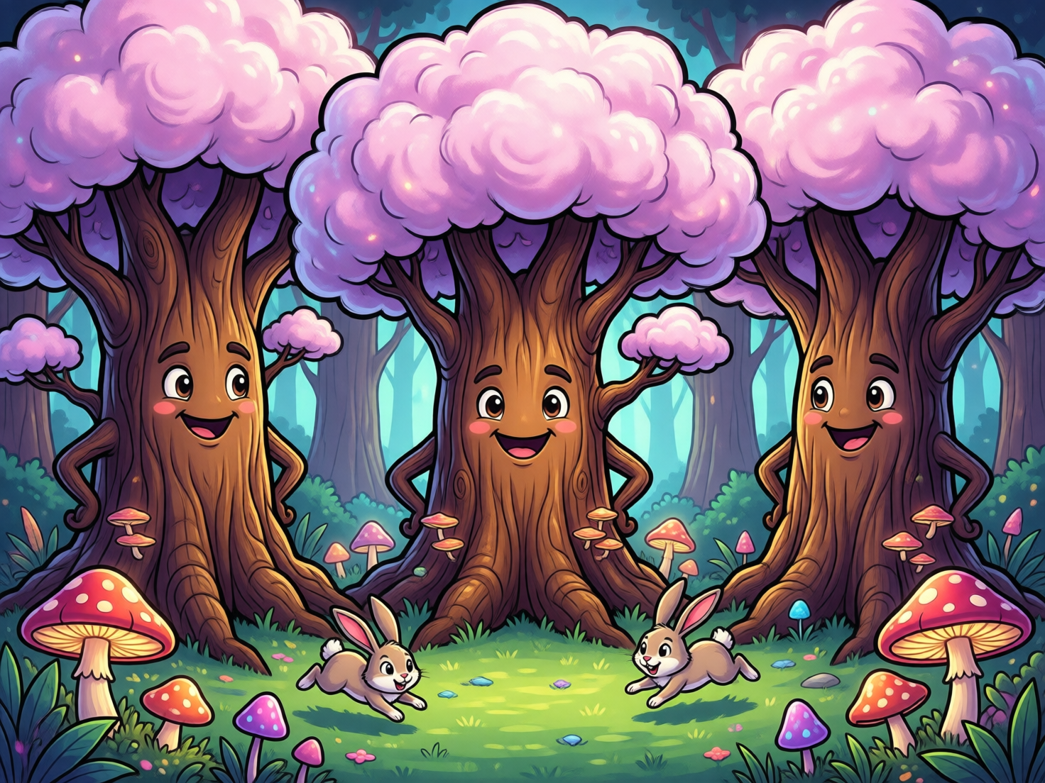 图中展现了一个色彩斑斓、充满童话气息的森林场景。三棵巨大的拟人化大树并排站立，占据了画面的主体。这些大树拥有粗壮的棕色树干，树干上长有生动的五官，正带着欢快的笑容看向前方。它们的树冠如同粉红色的棉花糖或云朵，蓬松且富有质感。树根周围点缀着许多红白相间的毒蝇伞蘑菇和紫色的小蘑菇。草地上，两只灰褐色的小兔子正欢快地对向奔跑。背景是淡蓝色的幽静森林，整体色调明亮、饱和，呈现出卡通插画风格。

在 AI 生成的细节方面，存在一些明显的逻辑缺陷：最左侧大树的左手分支直接消失在背景中，没有清晰的末端；中间大树右侧的手臂分支与树干的连接处透视略显生硬；草地上的光影分布不够自然，且部分蘑菇的生长角度显得有些漂浮，缺乏与地面的真实接触感。此外，树干上的木纹线条在某些转折处显得过于杂乱，不符合自然生长规律。