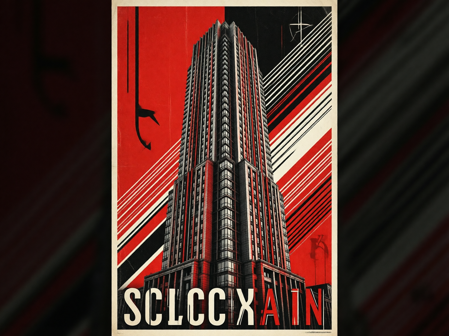 图中展示了一张具有强烈视觉冲击力的海报，采用了红、黑、白三色构成的苏俄构成主义风格。画面中心是一座宏伟的装饰艺术风格摩天大楼，以极低仰角向上延伸，显得高耸入云。背景由大面积的红色块和黑色块分割，并点缀着密集的斜向线条，营造出一种动态的工业感。大楼底部印有粗体无衬线字母“SCLCCXAIN”，文字颜色在白、黑、红之间切换。

在 AI 生成的细节方面，存在明显的逻辑缺陷：底部文字“SCLCCXAIN”并非真实单词，且字母“X”与旁边的“A”重叠方式生硬，缺乏排版美感。大楼左侧背景中出现了一个意义不明的黑色钩状悬浮物，像是未处理干净的图形碎片。此外，右上角的白色线条标志模糊且结构混乱，右下角隐约可见的类似签名或水印的图案也呈现出无意义的扭曲色块，这些都是典型的 AI 算法生成痕迹。