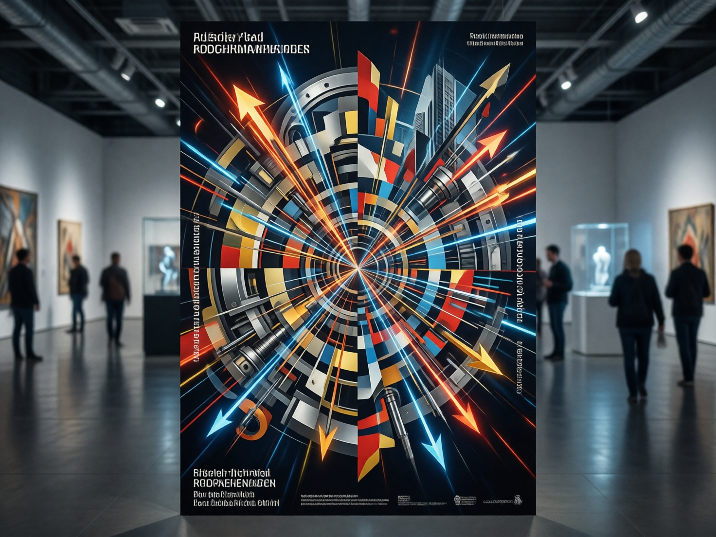 图中展示了一张悬挂在现代美术馆展厅中央的大型艺术海报。海报采用了极具动感的放射状构图，中心是一个复杂的机械圆盘，无数橙色、蓝色和白色的发光线条及箭头从圆心向四周迸射，营造出一种爆炸般的视觉冲击力。画面融合了工业零件、摩天大楼剪影以及红、黄、蓝等高饱和度的色块，风格兼具未来感与构成主义美学。背景是宽敞明亮的画廊，地面光洁如镜，倒映着灯光；几位虚化的参观者正驻足欣赏周围的艺术品。

作为一张 AI 生成的图片，画面存在明显的逻辑缺陷：海报四周分布着大量看似文字的符号，但它们并非任何真实语言，而是扭曲、破碎且无法辨认的乱码。此外，海报边缘的部分线条与背景展厅的透视关系略显生硬，仿佛是直接漂浮在空间中而非真实悬挂。背景中人物的肢体细节也较为模糊，缺乏清晰的结构。