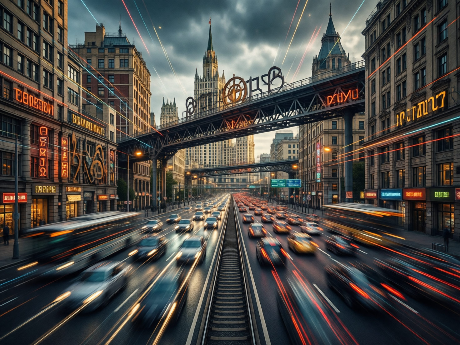 图中展示了一个充满科幻感的繁华都市夜景，视角正对一条宽阔的多车道马路。画面中心是一条笔直延伸的铁轨，两侧车流如织，车辆在长曝光效果下拖出明亮的白色和红色光影。街道两旁矗立着宏伟的欧式风格建筑，外墙挂满了橙黄色的霓虹灯牌。天空中横跨着巨大的金属桁架桥，背景中可见一座带有尖顶的斯大林式建筑，整体色调以冷灰色的天空与暖橘色的灯光形成鲜明对比。

在 AI 生成细节方面，画面存在明显的逻辑缺陷：首先，马路中央的铁轨与两侧车流的透视关系不自然，且铁轨末端直接消失在车流中，缺乏合理的交通规划。其次，建筑上的霓虹灯文字均为无意义的乱码符号，无法辨认。此外，横跨街道的金属桥梁结构过于复杂且缺乏支撑逻辑，部分光影线条在空中凭空出现并穿过建筑，显得不够真实。