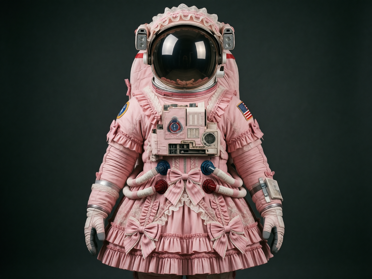 图中展示了一名身着奇特宇航服的人物，背景为纯净的深灰色，构图居中且对称。这套宇航服融合了硬核航天科技与甜美洛丽塔风格，整体呈现柔和的粉红色。头盔带有黑色弧形面罩，顶部装饰着白色的蕾丝花边；厚重的宇航服躯干部分点缀着大量褶皱边、蝴蝶结和精致的刺绣，腰部还围着一条层叠的百褶短裙。胸前配有复杂的机械控制面板，并连接着几根红蓝色的输气软管。

作为一张 AI 生成的图片，画面存在几处明显的逻辑缺陷：首先是手部细节，左侧手套的指缝连接处显得模糊且结构不自然，右侧手套的指尖缺失了部分轮廓；其次，肩膀上的美国国旗臂章条纹扭曲且比例错误；胸前的机械面板细节杂乱，缺乏真实的物理逻辑，且部分蕾丝边缘与金属部件的融合处出现了生硬的重叠。此外，宇航服的厚重质感与轻薄蕾丝的结合在透视上略显违和。