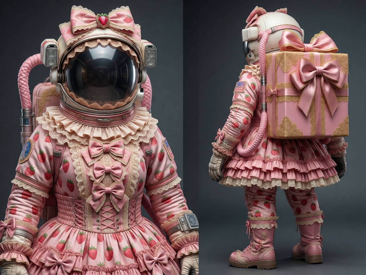 图中展示了一套融合了洛丽塔风格与航天科技感的创意宇航服，分为正面和背面两个视角，背景为纯净的深灰色。整套服装以粉红色为主调，布满了写实的红草莓图案。正面视角中，宇航员头盔边缘装饰着精致的蕾丝花边，顶部有一个巨大的粉色草莓蝴蝶结。宇航服的胸前有三排蝴蝶结和束腰设计，袖口和裙摆层叠着繁复的褶皱与蕾丝。背面视角显示，宇航员背着一个巨大的粉色礼盒状生命维持系统，上面系着华丽的丝缎蝴蝶结。

画面中存在明显的 AI 生成缺陷：左侧正面图中，宇航员的左手手指结构模糊且数量异常；右侧背面图中，宇航员右臂上的美国国旗图案模糊且比例失调；此外，连接头盔与背囊的粉色软管在两图中的位置和连接逻辑不一致，背部礼盒的透视关系与身体转动角度略显生硬，部分蕾丝花边的纹理在细节处出现了重复或融合的逻辑错误。