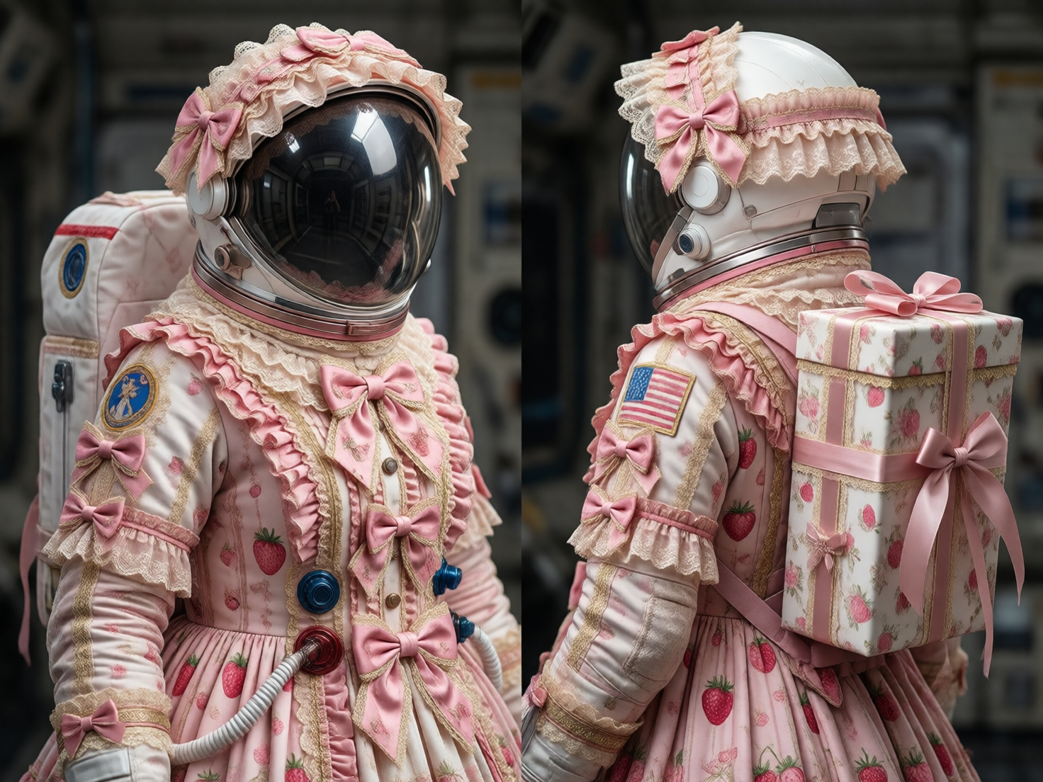 图中展示了一套融合了硬核航天科技与甜美洛丽塔风格的创意宇航服，分为正面和侧后方两个视角。宇航服整体呈现柔和的粉色调，布满了草莓印花、蕾丝花边和大量粉色蝴蝶结。头盔顶部装饰着精致的蕾丝头带，面罩反射着实验室般的室内环境。服装躯干部分设计成蓬蓬裙样式，点缀着多层褶边，甚至连生命维持系统的软管也与裙摆相连。右侧视角显示，背后的氧气背包被设计成一个巨大的草莓花纹礼品盒，并系有丝绸质感的蝴蝶结。

画面中存在明显的 AI 生成缺陷：左侧人物手臂上的蝴蝶结排列显得杂乱，且与布料的融合感生硬；右侧人物肩膀上的美国国旗徽章条纹模糊且比例不正确，下方的小蝴蝶结也出现了结构扭曲。此外，宇航服的机械部件与柔软蕾丝之间的衔接缺乏合理的物理逻辑，部分蕾丝边缘出现了模糊的重影。