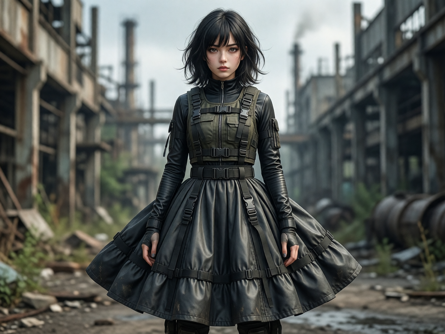 图中展现了一位年轻女性站立在废旧工业区中心的全身像。她留着深色长发，面容清秀但神情严肃，脸颊上有轻微的污渍。她身穿一套风格独特的战术服装：上半身是黑色紧身衣外搭军绿色战术背心，配有多个口袋和插扣；下半身则是一条宽大的军绿色长裙，裙摆上缠绕着多条带有卡扣的黑色束带，这种刚柔并济的穿搭呈现出一种废土机能风。背景是灰蒙蒙的废弃工厂，可以看到高耸的烟囱、锈迹斑斑的钢结构建筑和散落的金属管道，整体色调以冷灰色和军绿色为主，营造出一种荒凉、压抑的氛围。

画面中存在明显的 AI 生成缺陷：首先是人物的手部，左右手的指关节结构模糊且比例失调，尤其是左手手指显得短小且形状扭曲；其次，