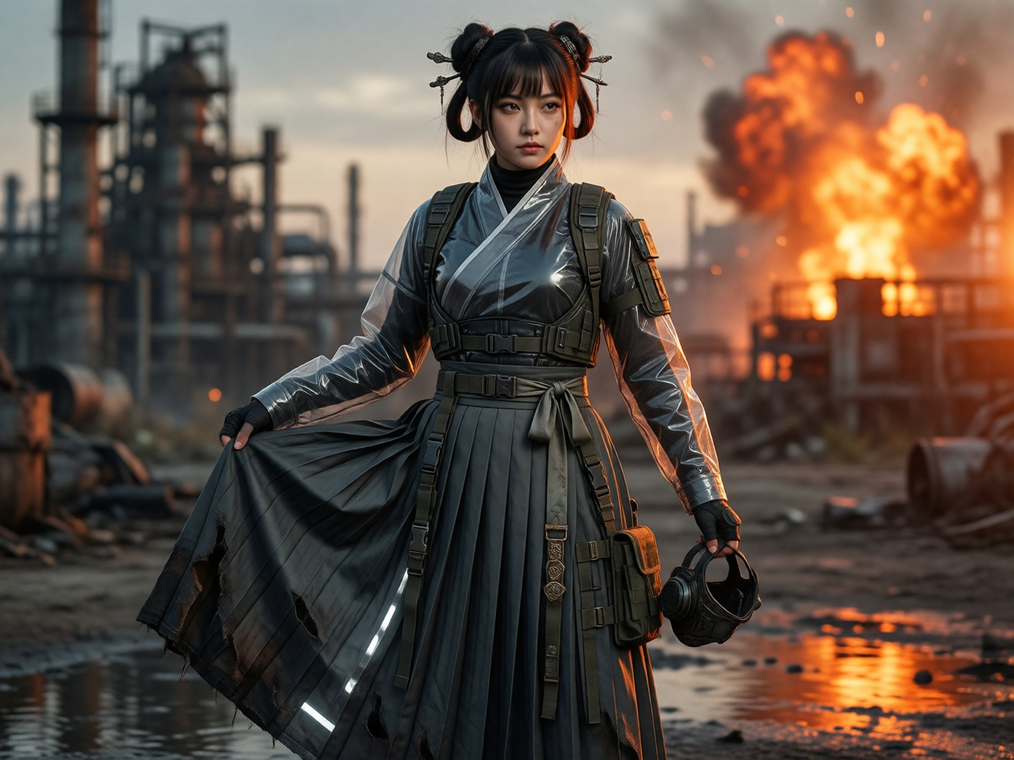图中展现了一位身处工业废墟背景下的年轻女性。她留着黑色双丸子头，发间插着金属发簪，神情严肃且坚定。她穿着一套融合了中国传统汉服元素与现代机能风的深灰色服饰，外层披着半透明的防水材质罩衫，腰间系着带有金属扣具的腰带，裙摆处有明显的破损和污渍。背景是一个昏暗的化工厂或工业区，左侧是高耸的反应塔和管道，右侧背景中正发生剧烈的爆炸，火光冲天，映红了半边天空。地面泥泞不堪，倒映着火光。

在 AI 生成细节方面，存在一些明显的逻辑缺陷：人物的右手抓着裙摆，但手指的结构显得有些僵硬且比例不自然；左手提着一个类似防毒面具的装备，但面具的带子与手指的穿插关系模糊不清。此外，背景中爆炸的火光虽然绚丽，但与人物边缘的受光逻辑略显脱节，裙摆上的破洞边缘处理也显得有些生硬，缺乏真实的纤维质感。