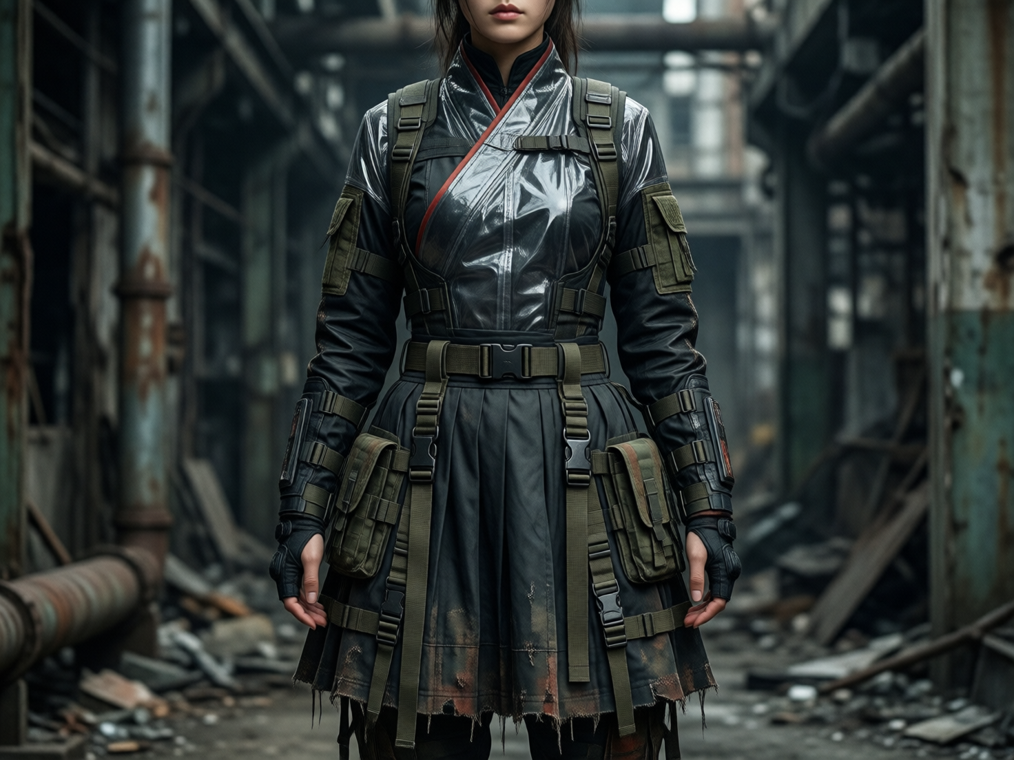 画面中展现了一位身处废旧工业厂房中心的女性，镜头聚焦于她的上半身。她穿着一套极具赛博朋克与废土风格的复杂服饰：内层是深色交领中式服装，外罩一件透明的塑料质感长袖外套，最外层则束缚着多条军绿色战术织带和插扣，腰间挂有破旧的口袋。背景是昏暗、凌乱的废弃仓库，满地碎石与金属残骸，色调以冷灰色和暗绿色为主。

在 AI 生成的细节方面，画面存在明显的逻辑缺陷：最显著的是人物的手部，左手（画面右侧）的手指线条模糊且结构异常，右手（画面左侧）露出的手指形状也显得僵硬不自然。此外，战术织带的连接逻辑混乱，部分插扣与带子的穿插关系不符合物理常识，呈现出一种无序的堆叠感。透明外套的褶皱反光虽然精细，但在肩部与腋下的衔接处显得有些生硬。