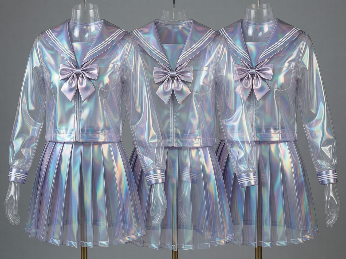 画面中展示了三套并排陈列在透明模特架上的水手服套装，背景为纯净的深灰色。这些服装采用了极具未来感的透明镭射材质，表面闪烁着如珍珠母贝般的七彩光泽，以淡紫色和青蓝色调为主。每套服装都由一件长袖水手领上衣和一条百褶短裙组成，胸前装饰着精致的同材质大蝴蝶结，领口和袖口处有白色的条纹细节。构图对称且整齐，光影在半透明的布料上形成了复杂的折射效果。

在 AI 生成的细节方面，存在明显的逻辑缺陷：画面最左侧和最右侧的模特手臂呈现出诡异的透明质感，且手指线条模糊、结构扭曲，看起来更像是融化的塑料而非正常的模特手部。此外，中间那套衣服下方的模特支架与左右两边不一致，且三套衣服的重叠处透视关系略显混乱，尤其是裙摆边缘的缝合线在交叠时显得不够自然。