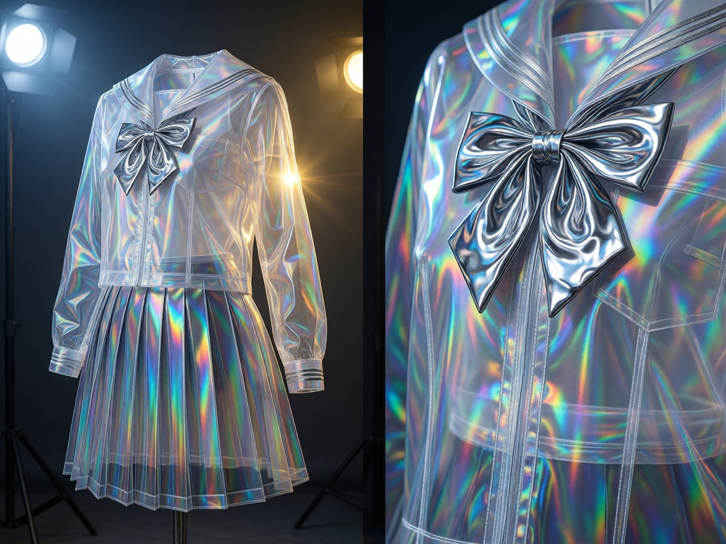 图中展示了一套极具未来感的日式水手服，由全透明且带有全息霓虹光泽的材质制成。画面分为左右两部分，左侧是服装在摄影棚内的全身展示，右侧是领口蝴蝶结的特写。这套服装包括一件长袖上衣和一条百褶短裙，表面闪烁着如同彩虹般的金属质感和流光溢彩。领口处装饰有一个巨大的银色金属感蝴蝶结，折痕锐利。背景是深暗色的摄影棚，两侧设有专业的聚光灯，冷白光与暖黄光交织，增强了材质的透明度和反光效果。作为 AI 生成的图像，画面存在一些逻辑缺陷：左侧全身图中，衣服像是悬浮在空中，缺乏支撑模特或衣架的真实结构；右侧特写中，蝴蝶结的金属纹理与衣服的透明缝线衔接处显得有些生硬，且衣服上的拉链结构在细节上模糊不清，缺乏真实的物理开合逻辑。