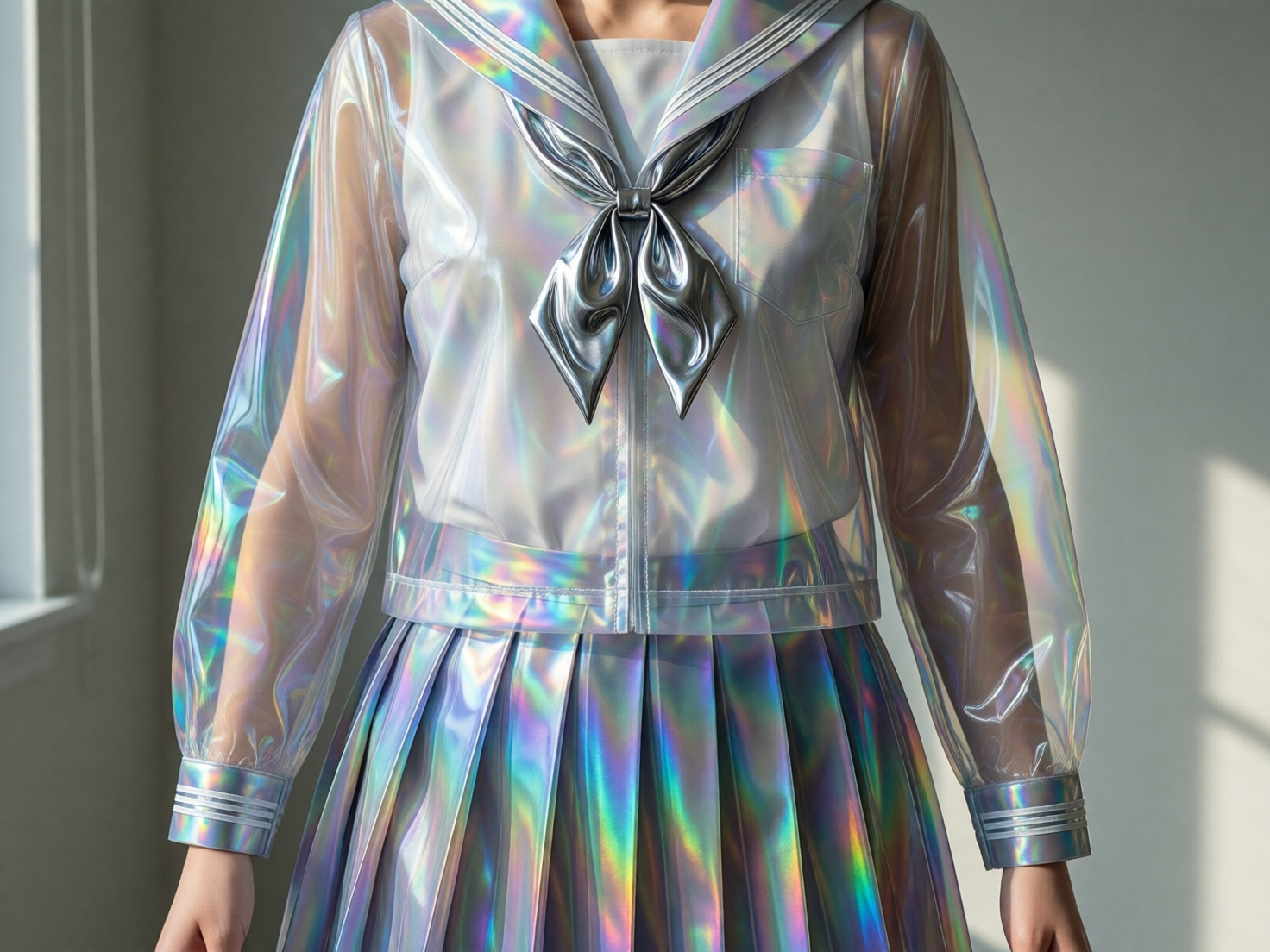 图中展示了一名身穿极具未来感的日本水手服（JK制服）的人物半身像。这套服装采用了独特的全息透明材质，在光线下呈现出如彩虹般绚丽的金属光泽，色彩在银色、淡紫色、青色和亮黄色之间流转。上衣是一件半透明的长袖衬衫，领口处系着一个同样具有液态金属质感的银色蝴蝶结；下身则是配套的全息百褶裙。背景是简约的室内白墙，侧面有柔和的自然光照射，增强了衣服的折射效果。

在 AI 生成的细节方面，存在一些明显的逻辑缺陷：首先，人物的双手在画面底部边缘显得非常僵硬且缺乏细节，手指的比例和结构看起来不自然，像是未完成的色块。其次，衣服的结构存在透视异常，例如领口处的蝴蝶结与衣领的连接处显得模糊不清，缺乏真实的物理缝纫结构。此外，左侧袖口与手腕的衔接处显得有些虚幻，缺乏厚度感。尽管视觉冲击力很强，但这些细节揭示了其 AI 生成的本质。