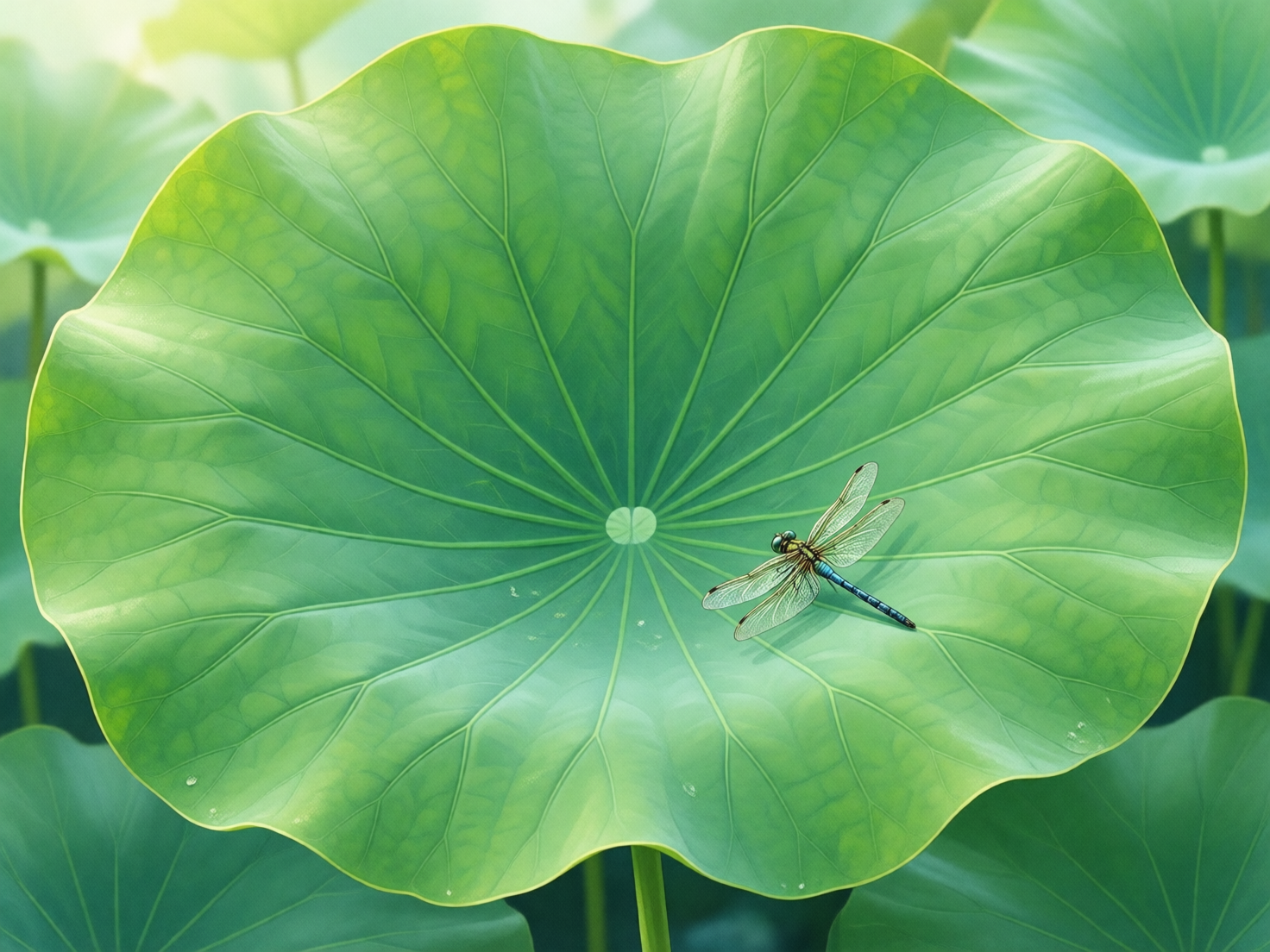 图中展示了一幅清新自然的夏日荷塘特写。画面中心是一片巨大的、翠绿色的圆形荷叶，它占据了大部分构图，叶脉呈放射状从中心向边缘延伸，纹理清晰可见。在荷叶的右下侧，停歇着一只色彩鲜艳的蜻蜓，它拥有蓝色的腹部和近乎透明的双翼，翅膀上的脉络在阳光下隐约闪烁。背景是模糊处理的其他荷叶，营造出一种深邃且有层次感的绿意，左上角有柔和的阳光洒入，整体色调明亮、宁静。

在 AI 生成的细节方面，存在一些明显的逻辑缺陷：首先，蜻蜓的身体结构不完全符合自然规律，其左侧翅膀的生长位置与身体连接处显得生硬且重叠异常；其次，荷叶中心的叶脐部分呈现出两个对称的小圆点，而非自然的单一圆心；此外，荷叶边缘的起伏褶皱过于规律且平滑，缺乏植物自然的随机性。尽管如此，画面依然传递出一种和谐的生态美感。