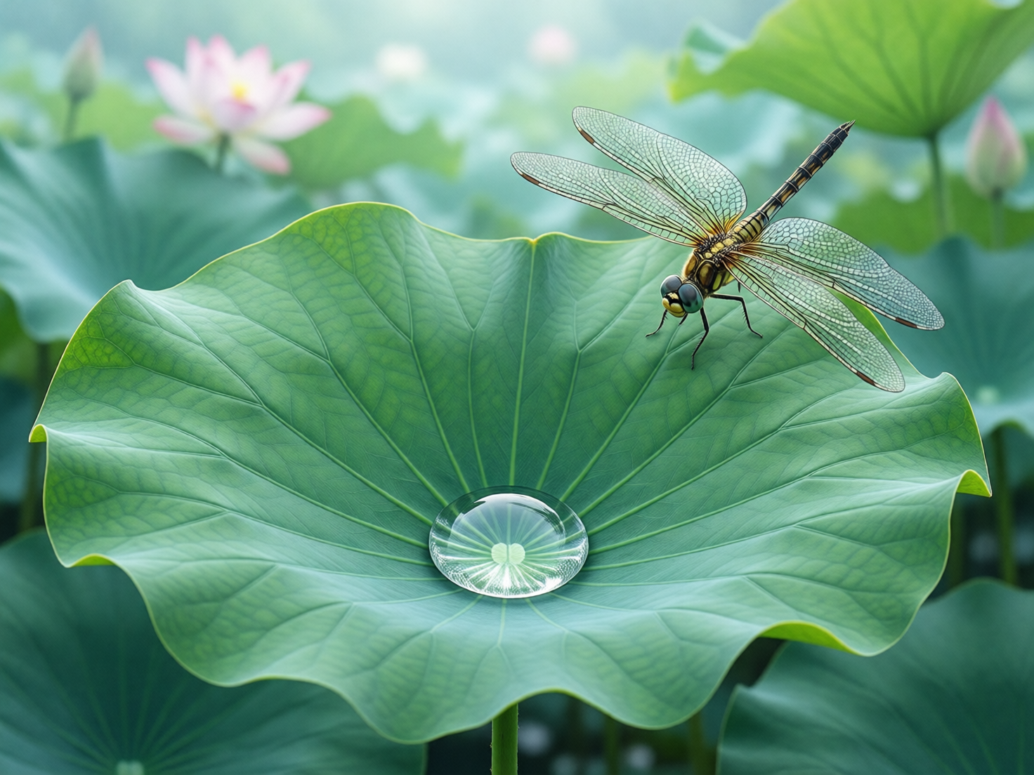 画面中展示了一幅清新的夏日荷塘特写。视觉焦点是一片巨大的翠绿色荷叶，叶片脉络清晰，边缘呈波浪状起伏。荷叶中心汇聚着一颗晶莹剔透、圆润如珠的大水滴，倒映着周围的绿意。一只黄褐相间的蜻蜓正停歇在荷叶的右上方，它的翅膀呈半透明状，上面布满了精细的网格纹路。背景是虚化的荷塘，隐约可见几朵粉红色的荷花和含苞待放的花蕾，整体色调以嫩绿和淡粉为主，光线柔和。在 AI 生成的细节方面，存在明显的逻辑缺陷：这只蜻蜓的身体结构异常，它长有两对翅膀，但四片翅膀似乎都生长在身体的同一侧或位置重叠，缺乏自然的对称性；此外，蜻蜓的足部线条杂乱，与叶面的接触点显得模糊且不符合解剖结构。