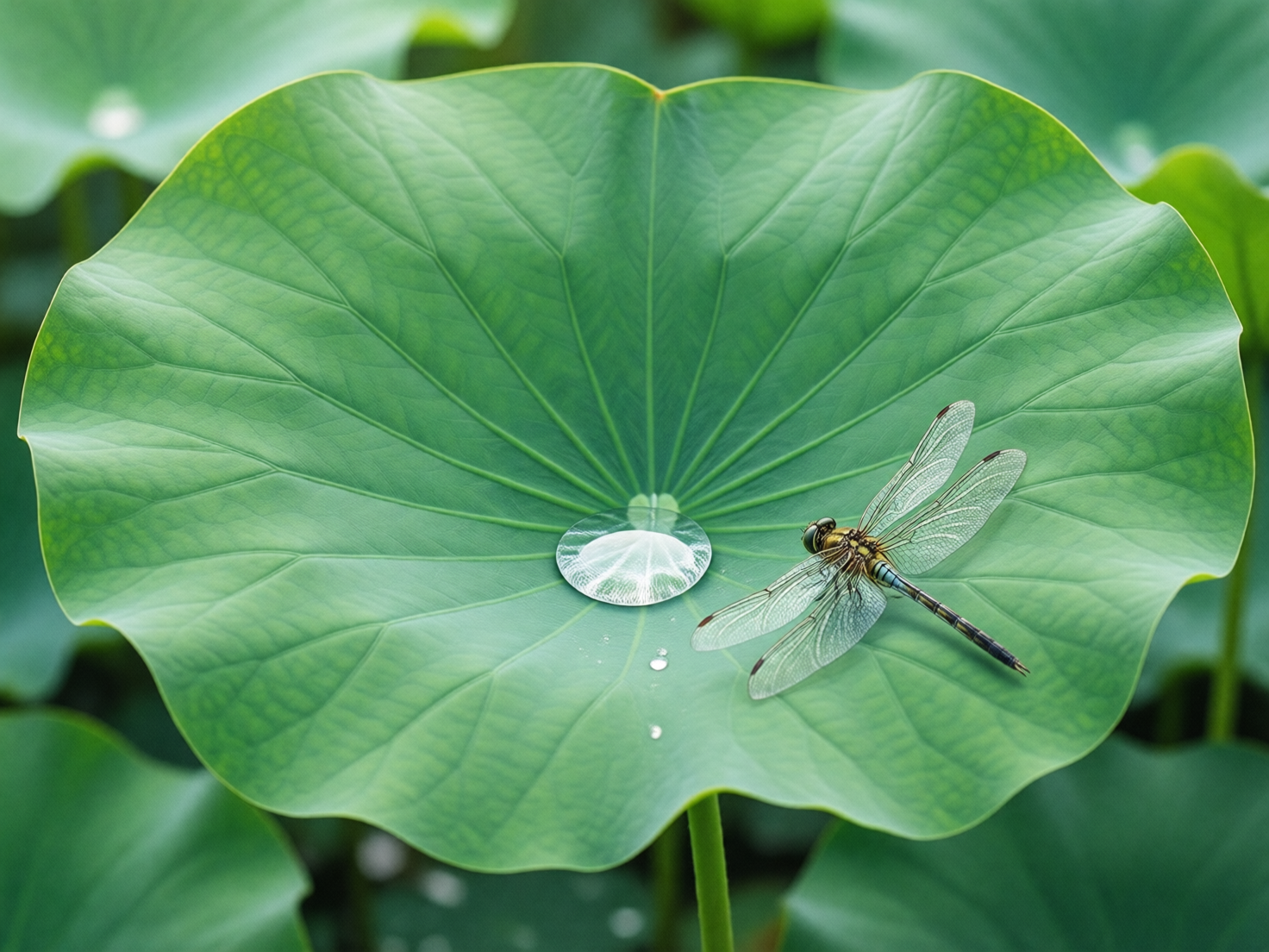 画面中展示了一幅清新自然的夏日荷塘特写。构图中心是一片硕大且平整的翠绿色荷叶，叶脉呈放射状清晰地向边缘延伸。荷叶中心汇聚着一颗晶莹剔透的大水滴，像珍珠般折射着光芒。在水滴右侧，停歇着一只身体呈黄褐色的蜻蜓，其透明的翅膀纹理细腻，正静静伏在叶面上。背景是模糊处理的其他荷叶，营造出一种静谧的生态氛围。

然而，画面中存在明显的 AI 生成缺陷：首先，蜻蜓的身体结构不符合自然逻辑，它的胸部与腹部连接处显得生硬且扭曲，且蜻蜓通常有六条腿，但图中几乎看不到支撑身体的足部，像是直接“贴”在叶子上。其次，荷叶中心的巨大水滴透视异常，它并没有因为重力自然凹陷或呈现球状，反而像是一块扁平的透明塑料片。此外，蜻蜓右侧翅膀的边缘与叶脉融合得过于模糊，缺乏真实的物理遮挡感。