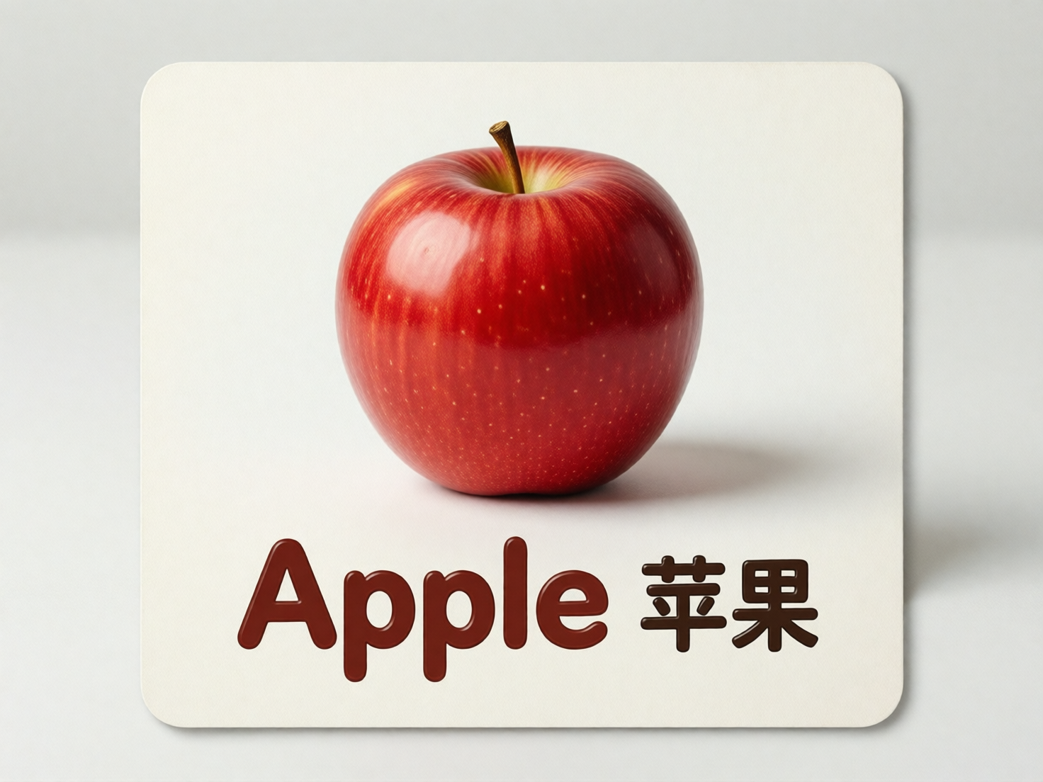 画面中展示了一张圆角矩形的认知卡片，背景为干净的米白色。卡片的上半部分居中放置着一个写实风格的红苹果，苹果表皮红润且带有细小的黄色斑点，左侧有明显的反光，顶部的果柄呈深褐色。卡片的下半部分印有棕色的文字，左侧是英文单词“Apple”，右侧是中文词语“苹果”。整体构图简洁明了，色调温馨。在 AI 生成的细节方面，可以观察到文字部分存在明显的缺陷：英文单词“Apple”的字母形状略显扭曲，尤其是两个“p”的大小和结构不完全一致；右侧的中文字符“苹果”也并非标准字体，笔画粗细不均，且“苹”字的草字头与下方结构连接生硬，呈现出一种类似手绘但逻辑不严谨的视觉感。此外，苹果下方的阴影边缘略显生硬，与卡片平面的融合感稍欠自然。