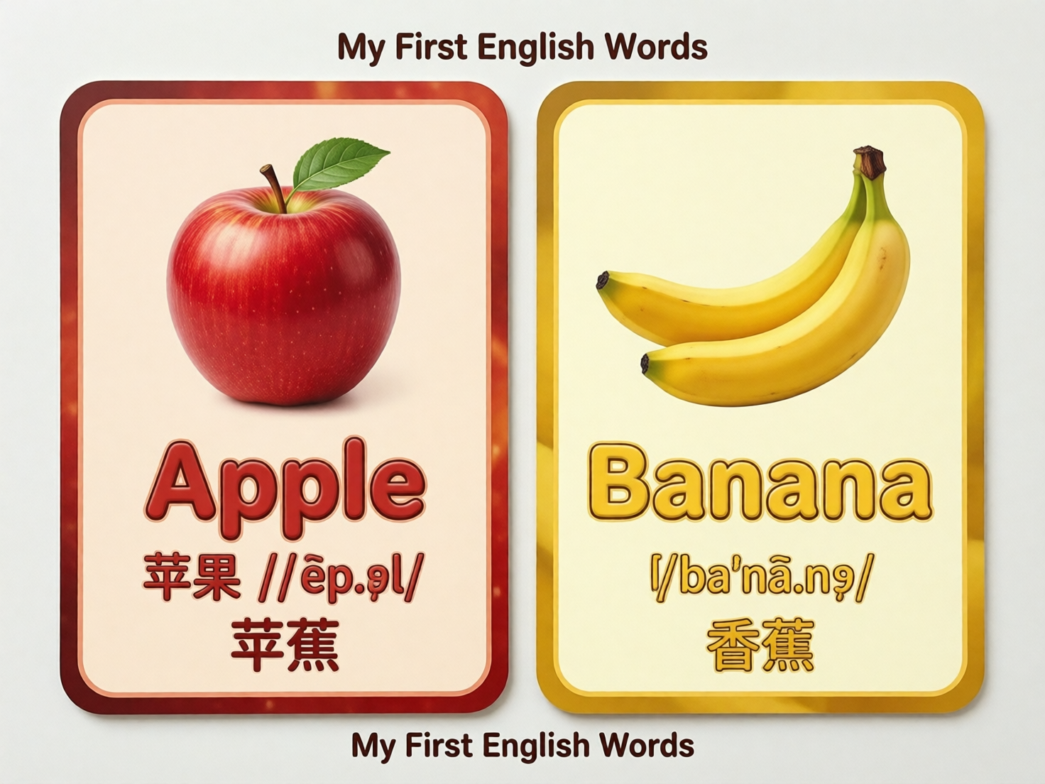 图中展示了两张并列的英语单词学习卡片，背景为纯白色。左侧卡片为红色边框，上方是一颗写实的红苹果，下方印有英文单词“Apple”、中文“苹果”以及音标。右侧卡片为金色边框，上方是两根并排的黄色香蕉，下方印有单词“Banana”、中文“香蕉”及音标。整幅图的顶部和底部都印有标题“My First English Words”。

画面中存在明显的 AI 生成缺陷：首先是文字逻辑错误，左侧苹果卡片的底部莫名其妙地多出了“苹蕉”两个汉字，这在现实教材中是不存在的；其次是音标系统混乱，两张卡片上的音标符号均不符合标准的国际音标（IPA），出现了许多扭曲、错误的特殊字符（如带有波浪号和圆点的字母）；此外，香蕉的根部连接处处理得不够自然，呈现出一种模糊的融合感。这些错误反映了 AI 在处理特定符号和跨语言逻辑时的局限性。