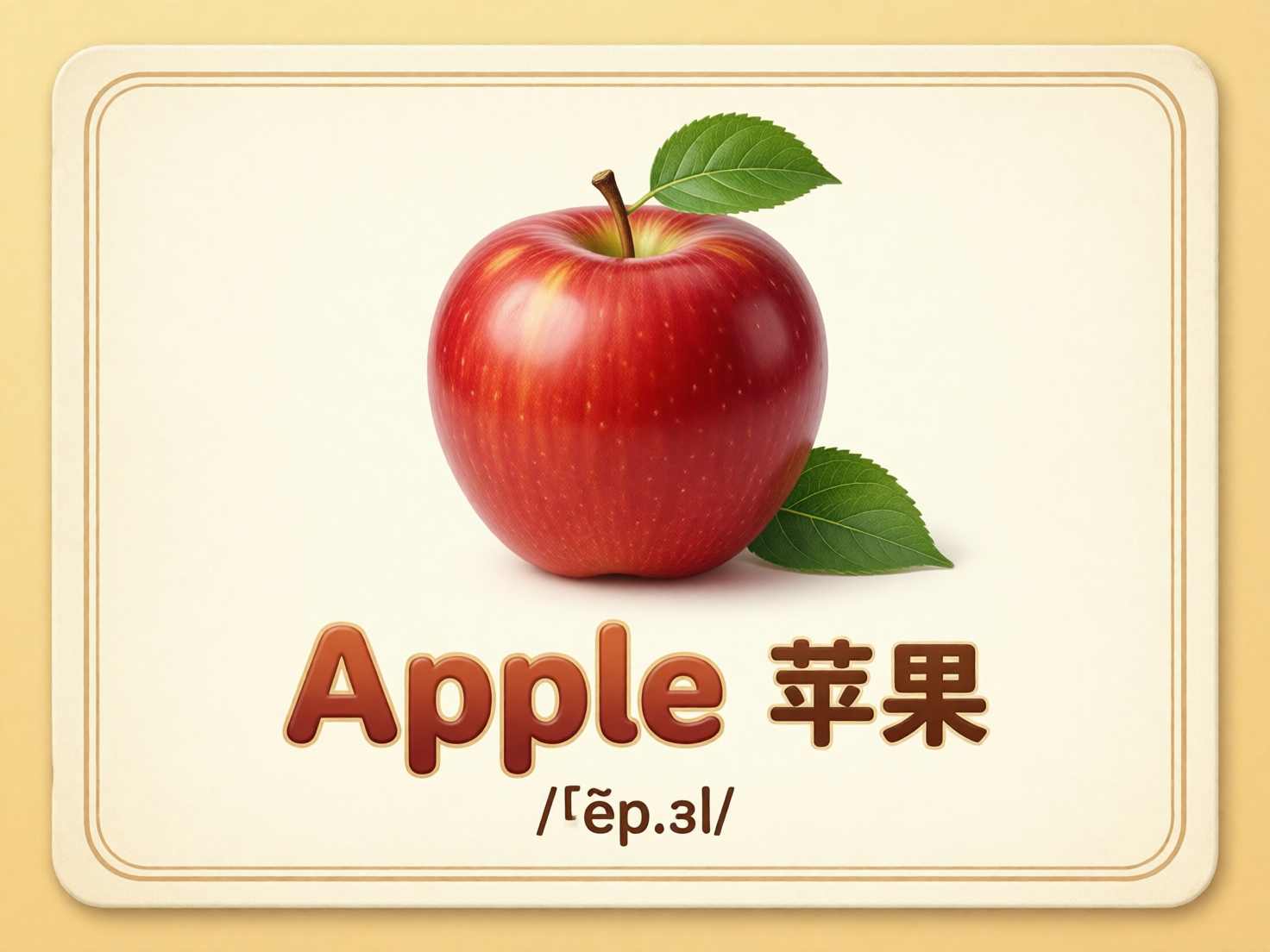 画面中是一张米黄色背景的认知卡片，四周有圆角边框装饰。卡片中心是一个红润饱满的苹果，表面带有细腻的黄色斑点和光泽，顶部带有一根细茎和两片翠绿的叶子。苹果下方印有大号的英文单词“Apple”和中文“苹果”，字体呈现棕红色并带有立体阴影效果。在文字的最下方，有一行标注音标的符号。

这张图片存在明显的 AI 生成缺陷：首先是文字错误，底部的国际音标符号完全错误，出现了无法识别的乱码和不规范字符，并非正确的苹果音标；其次是构图逻辑异常，苹果右下侧的一片绿叶像是凭空贴在苹果表面，缺乏自然的生长连接感；此外，苹果顶部的叶子边缘锯齿过于机械对称，显得不够自然。尽管色彩鲜艳，但这些细节揭示了其人工智能生成的痕迹。