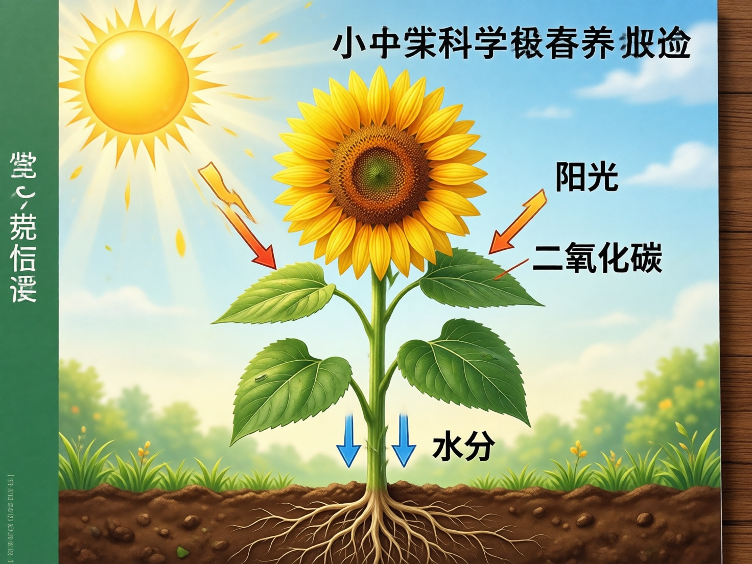 图中展示了一幅关于向日葵光合作用的科普示意图。画面中心是一株盛开的向日葵，拥有金黄色的花瓣和绿色的茎叶，根部深入深褐色的土壤中。左上角有一个明亮的黄色太阳，正向叶片投射橙色的能量箭头。背景是明亮的蓝天白云和远处的绿色草地。画面中分布着多处中文标注，包括“阳光”、“二氧化碳”和“水分”，并配有指示吸收方向的箭头。

这张图片具有明显的 AI 生成缺陷：首先是文字错误，顶部和左侧的标题文字完全无法辨识，呈现为扭曲的乱码字符，且“二氧化碳”的指向线段与箭头分离。其次是逻辑矛盾，底部指向根部的蓝色“水分”箭头方向向下，这与植物根部向上吸收水分的生物学常识相反。此外，太阳光束中夹杂着类似闪电的破碎形状，左侧叶片上方的箭头也显得扭曲且不完整。整体构图虽然色彩鲜艳，但细节处的严谨性较低。