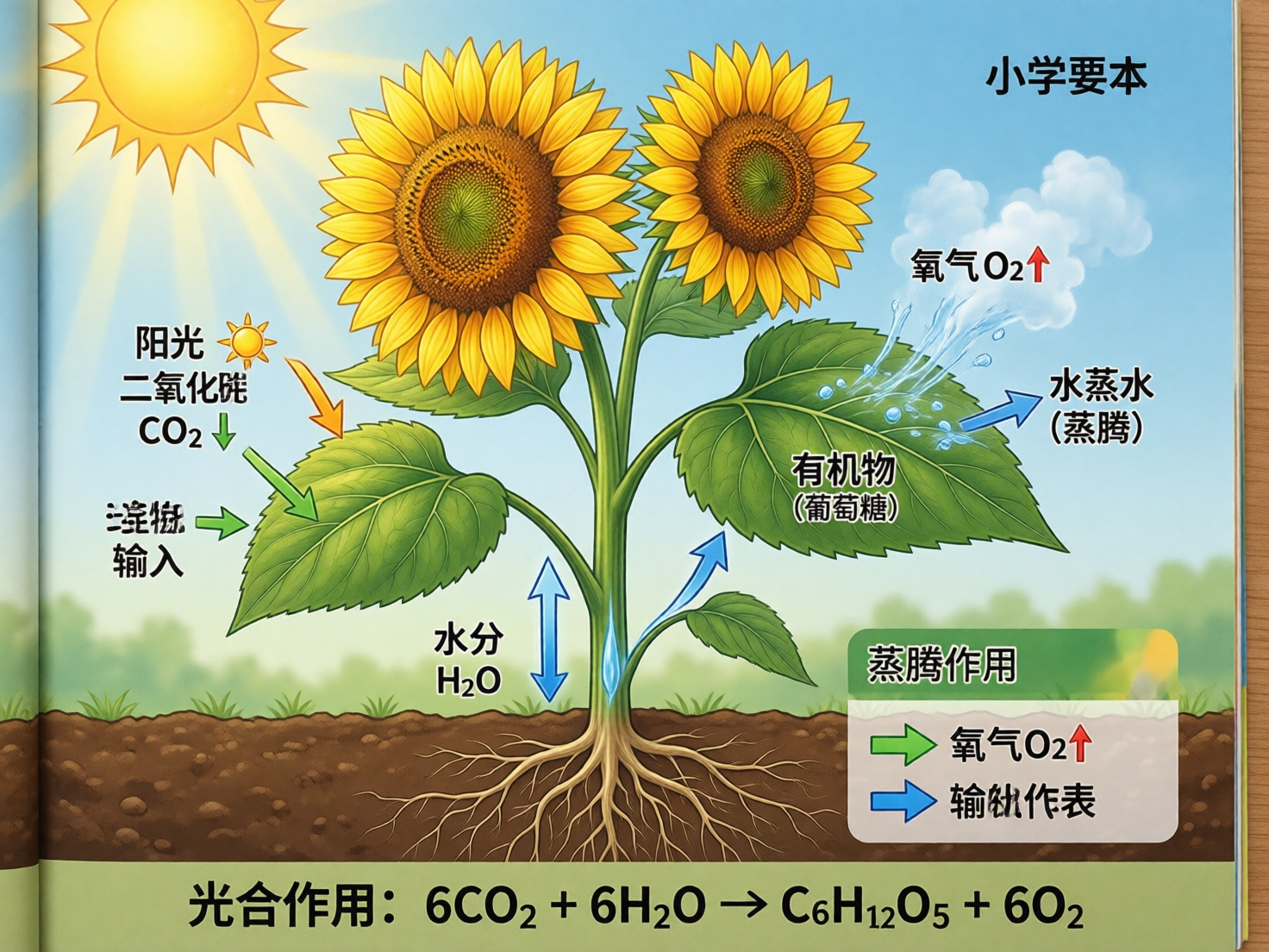 图中展示了一幅关于植物光合作用与蒸腾作用的教育示意图，背景是明亮的蓝天、白云和金灿灿的太阳。画面中心是一株拥有两朵盛开花头的向日葵，植株生长在深褐色的土壤中，根系清晰可见。画面使用了大量的箭头和文字标注来解释生物过程，整体色调鲜艳，具有典型的绘本风格。

然而，作为一张 AI 生成的图片，画面中存在多处明显的逻辑和文字错误。首先，底部的光合作用化学方程式中，葡萄糖的分子式被错误地写成了「C6H12O5」，正确的应为 C6H12O6。其次，文字标注出现了大量乱码和逻辑错误：左侧出现了含义不明的「淫撇输入」；右侧标注将水蒸气误写为「水蒸水」，并将输导组织误写为「输轨作表」。此外，向日葵的生长结构也存在异常，两朵巨大的花盘共用一个分叉的茎，且叶片上直接喷涌出水流的视觉表现过于夸张。这些 AI 生成的缺陷使得图片在作为教学参考时具有误导性。