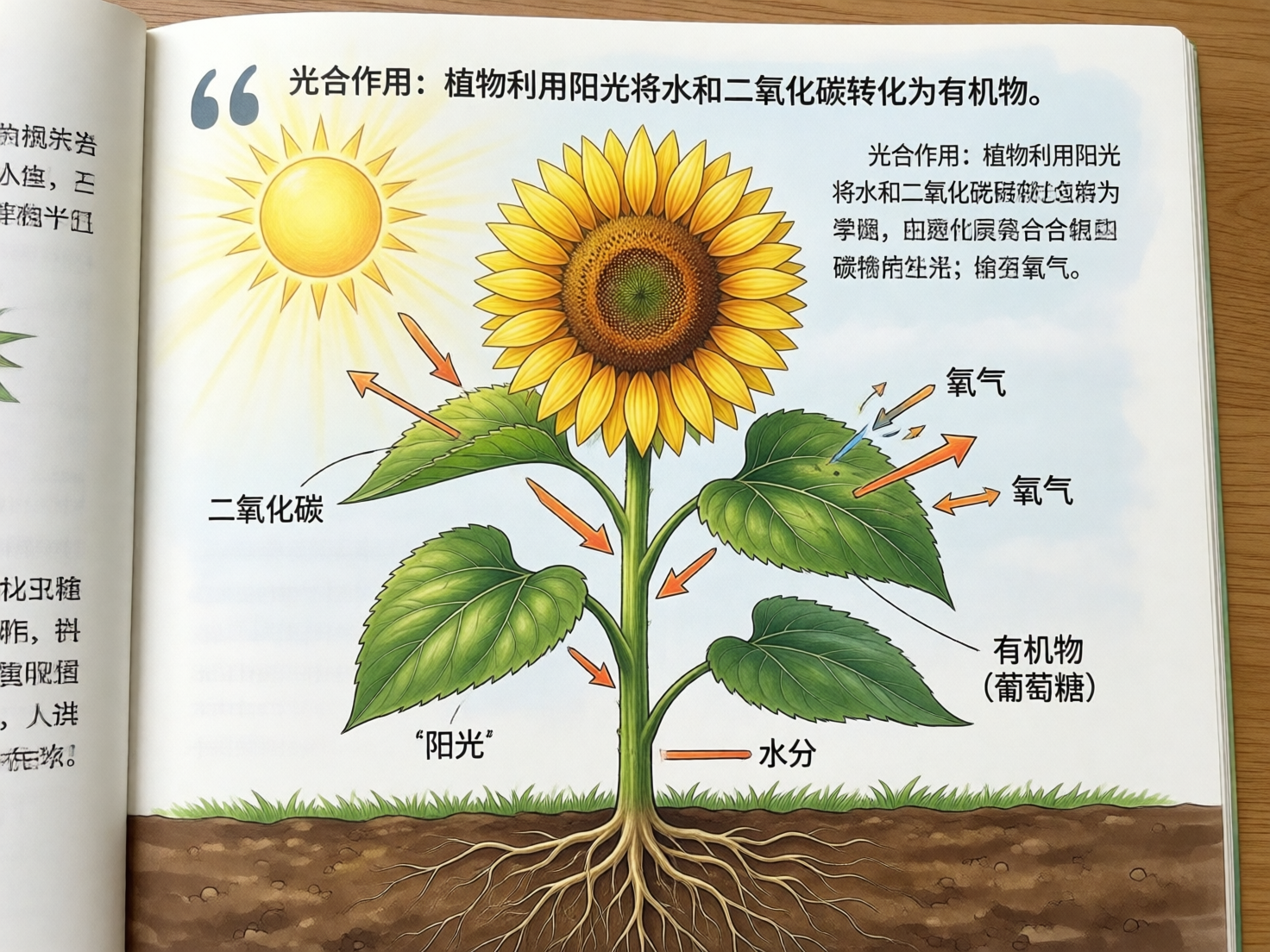 图中展示了一本打开的科普绘本页面，主题是向日葵的光合作用示意图。画面中心是一株盛开的向日葵，拥有明黄色的花瓣和绿色的茎叶，根部深入棕色的土壤中。左上角绘有一个散发光芒的黄色太阳。画面通过多个橙色箭头和文字标注，试图解释植物吸收阳光、水分、二氧化碳并产生氧气和有机物的过程。背景为淡蓝色的天空和绿色的草地，整体色调明亮清新。

然而，这张图片存在明显的 AI 生成缺陷。首先是文字逻辑混乱：虽然顶部的大标题“光合作用”字迹清晰，但右上角的说明文字出现了大量无法辨认的乱码和错别字；下方的标注中，“阳光”一词被加上了不必要的引号，且指向叶片的箭头方向与科学逻辑不符。其次是细节错误：右侧叶片上方出现了不明原因的蓝色线条和破碎的箭头残影；向日葵的叶片生长位置显得有些生硬，且部分标注线条与物体连接处透视异常。这些错误显示了 AI 在处理复杂科学图表和精确文字时的局限性。