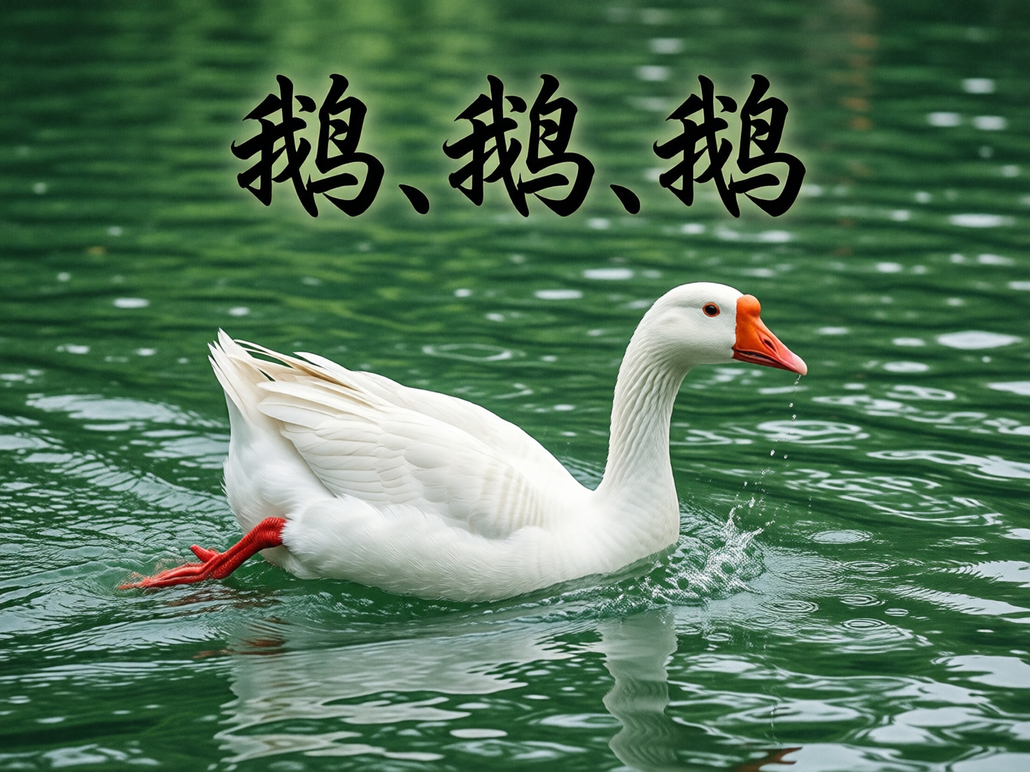 图中展示了一只洁白的大鹅正在波光粼粼的绿色水面上游动。这只鹅拥有纯白的羽毛、橘红色的喙和红色的脚掌，正向画面右侧划行，身后激起细小的水花。背景是深绿色的湖水，水面上有均匀的波纹和倒影。画面上方正中位置有三个黑色的书法体汉字“鹅、鹅、鹅”，呼应了著名的唐诗。

然而，这张 AI 生成的图片存在明显的逻辑和结构缺陷：首先，鹅的脚掌位置完全错误，一只红色的脚掌竟然从鹅身体侧面的羽毛中斜向后方伸出并悬在水面上方，而非在水下划水，这违背了生物解剖结构。其次，鹅的喙部下方有几滴悬浮的水珠，但水珠的下落轨迹与喙的位置并不自然衔接。此外，水面的波纹在鹅身体周围的处理显得有些生硬，缺乏真实的物理交互感。尽管色彩明亮，但这些细节暴露了 AI 在处理动物肢体结构时的局限性。