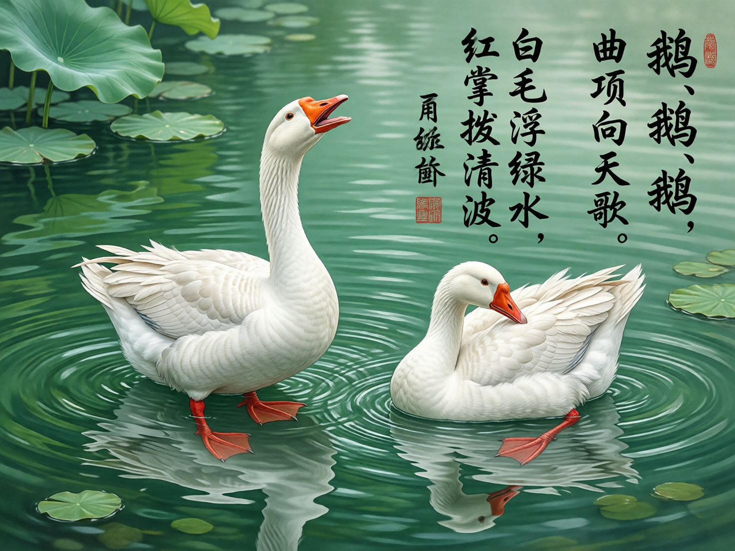 图中展示了一幅融合了中国水墨画风格与现代写实感的画面。在碧绿清澈的池塘中，两只洁白的大鹅正悠然自得。左侧的大鹅伸长脖颈向上鸣叫，右侧的大鹅则低头梳理羽毛，脚下荡起一圈圈细腻的涟漪。池塘左上角点缀着几片翠绿的荷叶，画面右侧配有黑色的书法字体，书写着著名的唐诗《咏鹅》，并盖有红色的印章。整体色调以清新的绿色和纯净的白色为主，构图疏密有致。

在 AI 生成的细节方面，存在一些明显的逻辑缺陷：首先，两只鹅看起来像是“站”在深水面上，而非自然地浮在水中，尤其是左侧大鹅的红掌完全暴露在水面上方，且脚蹼的结构显得僵硬、不自然。其次，水中的倒影与实物的姿态并不完全吻合，显得有些破碎。此外，右侧的书法文字虽然字形美观，但部分笔画衔接处略显生硬，缺乏真实毛笔书写的自然枯笔效果。