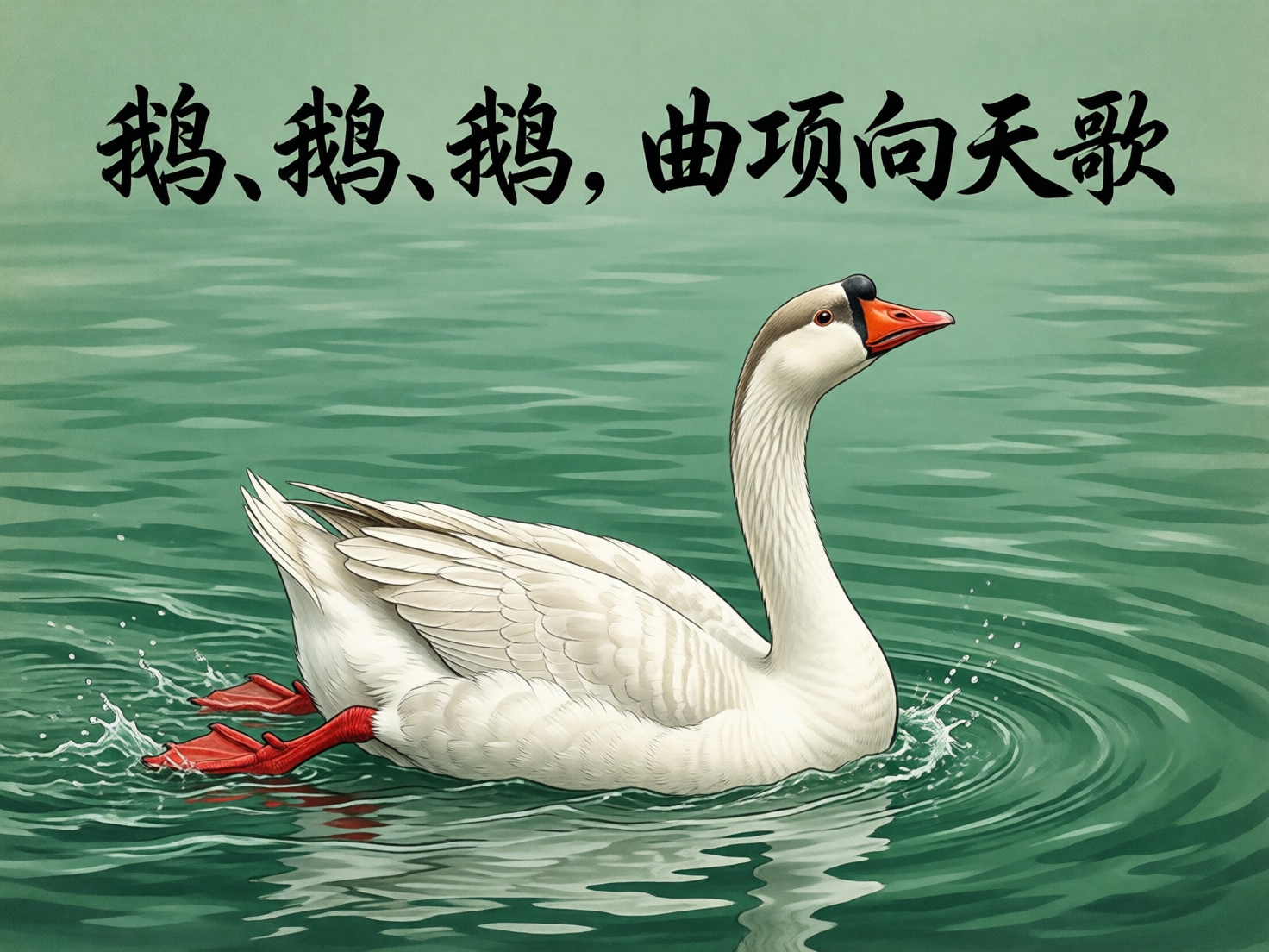 图中展示了一幅融合了中国古诗意境的插画。画面中心是一只体型饱满的大白鹅，正游弋在碧绿的水面上。这只鹅拥有洁白的羽毛，长长的脖颈向上伸展，橘红色的喙微微张开，仿佛正在鸣叫。水面呈现出深浅不一的青绿色，波纹细腻，鹅的身后激起了一圈圈白色的浪花和水滴。画面上方写有黑色的书法字体“鹅、鹅、鹅，曲项向天歌”。

在 AI 生成细节方面，画面存在明显的透视和逻辑异常：最显著的缺陷在于鹅的脚掌，两只红色的脚掌竟然长在身体后方的水面上方，完全脱离了水下的正常位置，且形状略显僵硬，不符合游禽划水的解剖结构。此外，鹅头部的黑色额突与喙的连接处线条略显生硬，水面的波纹虽然精细，但与鹅身体的交界处缺乏自然的入水深度感，使鹅看起来像是漂浮在水面上而非沉在水中。