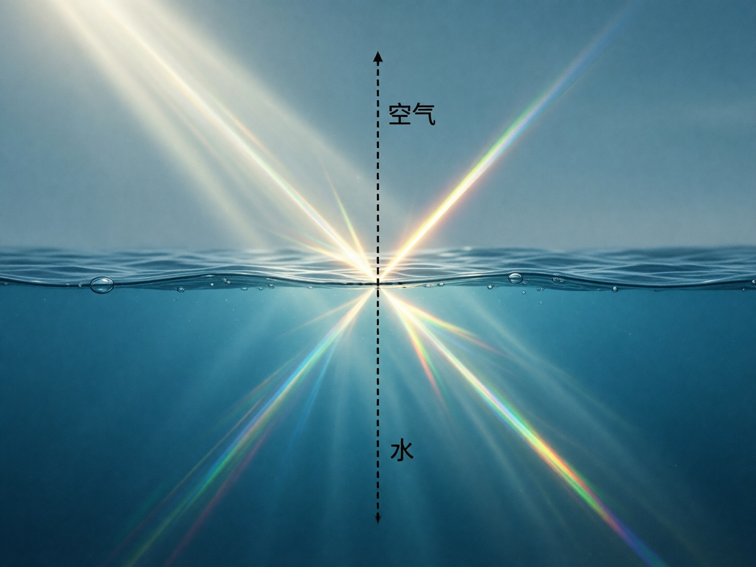 图中展示了一个关于光线在空气与水交界面发生折射和反射的物理现象示意图。画面被水面水平一分为二，上方是淡蓝色的天空（标注为“空气”），下方是深蓝色的水底（标注为“水”）。一束明亮的白光从左上方斜射向水面，在接触点处，光线分裂成多条带有彩虹色边缘的光束，分别向上反射回空气中以及向下折射进入水中。画面中央有一条垂直的黑色虚线作为法线。

作为一张 AI 生成的图片，其存在明显的科学逻辑错误和视觉缺陷：首先，光线的折射路径不符合物理定律，折射光线本应向法线偏折，但图中光线却呈现向四周散射的放射状，且水下的光束数量过多，显得杂乱。其次，文字标注存在瑕疵，“空气”二字的字体略显生硬，且水面波纹在与光线接触的位置处理得不够自然，光影交汇处产生了不真实的过度曝光和重影现象。
