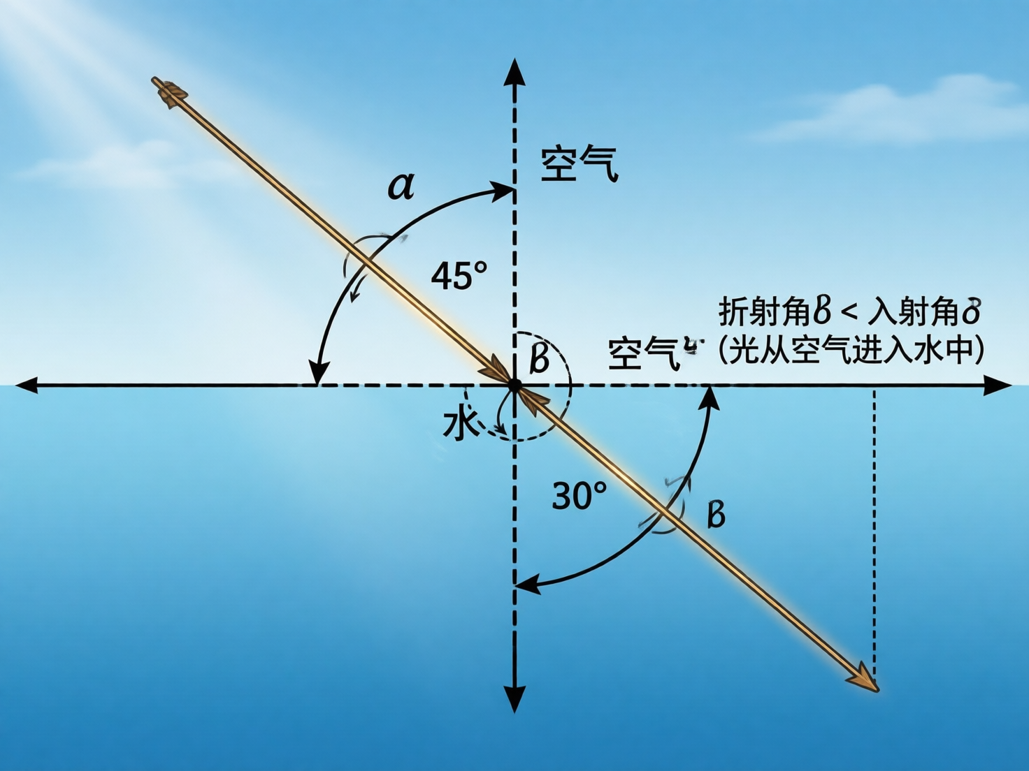 图中展示了一张关于光从空气进入水中的折射原理示意图。背景由蓝天和水面组成，上方是带有微云和光晕的浅蓝色天空，下方是深蓝色的水域。画面中心有一个由黑色虚线构成的直角坐标系，水平线代表水面，垂直线代表法线。一根金黄色的箭矢从左上方斜射入水面中心，并在进入水后发生偏折。图中用希腊字母 α 和 β 标注了角度，并配有“45°”和“30°”的文字说明。

作为一张 AI 生成的教学图片，画面存在明显的逻辑和文字缺陷：首先，文字标注极其混乱，右侧文字将“折射角”与“入射角”的符号混淆，且在水域位置错误地标注了“空气”二字。其次，数学逻辑有误，图中将光线与水面的夹角标注为 45° 和 30°，而非物理学中定义的与法线的夹角。此外，部分标注线条重叠模糊，文字附近出现了无意义的墨迹残影，箭头的指向与折射规律的表达也存在视觉上的不连贯。