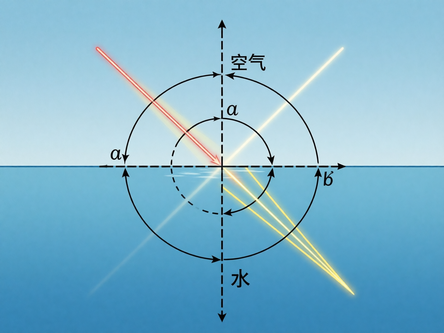 图中展示了一个关于光线在空气与水界面发生反射和折射的物理原理示意图。画面背景被水平线平分为两部分：上半部分是浅蓝色的空气，标注有中文“空气”；下半部分是深蓝色的水，标注有“水”。中心有一个由虚线构成的十字坐标系和多个同心圆环，用于标注角度。一束红色的入射光线从左上方斜射入交界点，随后产生了一束向右上方延伸的黄色反射光线，以及一束进入水中的黄色折射光线。

画面中存在明显的 AI 生成缺陷：首先，文字和符号标注逻辑混乱，图中出现了多个重复且位置随意的字母“a”和“b”，未能准确标注入射角或折射角；其次，光路表现不符合物理定律，折射光线出现了多条重叠且发散的虚影，甚至在左下方水域中出现了一束不明来源的淡蓝色光影；最后，圆环上的箭头指向杂乱，部分线条与坐标轴的交接处模糊不清，缺乏科学严谨性。